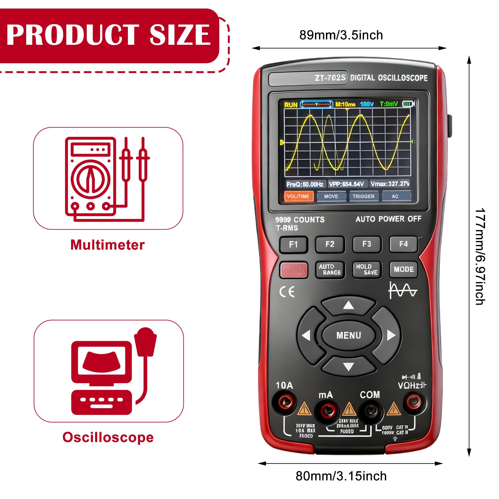 Osciloscopio portátil, multímetro digital 9999 recuentos, osciloscopio de 10 MHz de ancho de banda, 48 MSa/s de tasa de muestreo, probador de corriente, osciloscopio LED con sonda, función de