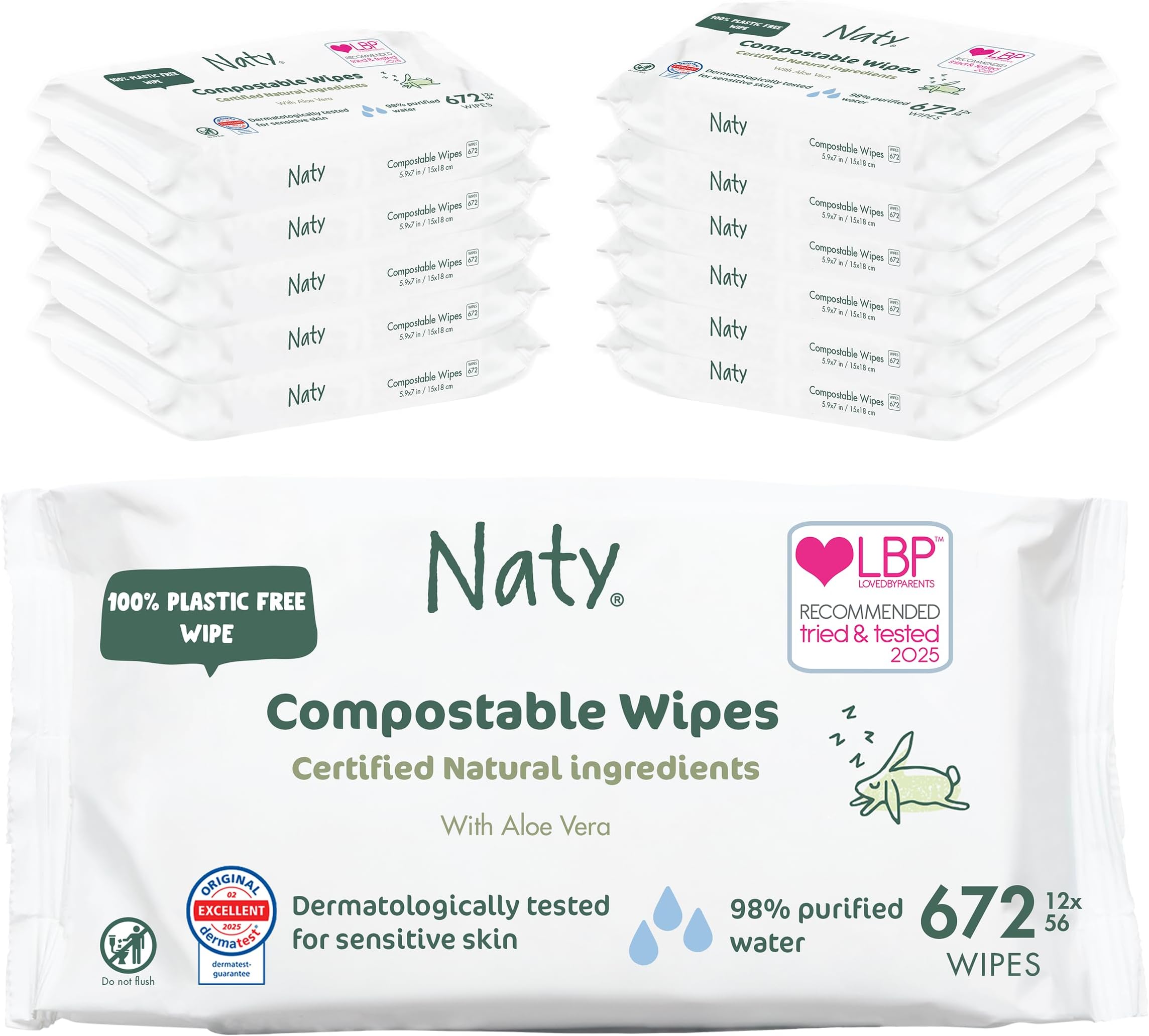 Naty Baby Wipes Aloe | 98% Water, Hypoallergenic & Natural for Sensitive Skin | Unscented, Plant-Based, Fragrance-Free | Plastic-Free & Compostable | Newborn & Toddler Wipes | 672 Count (12 Packs)
