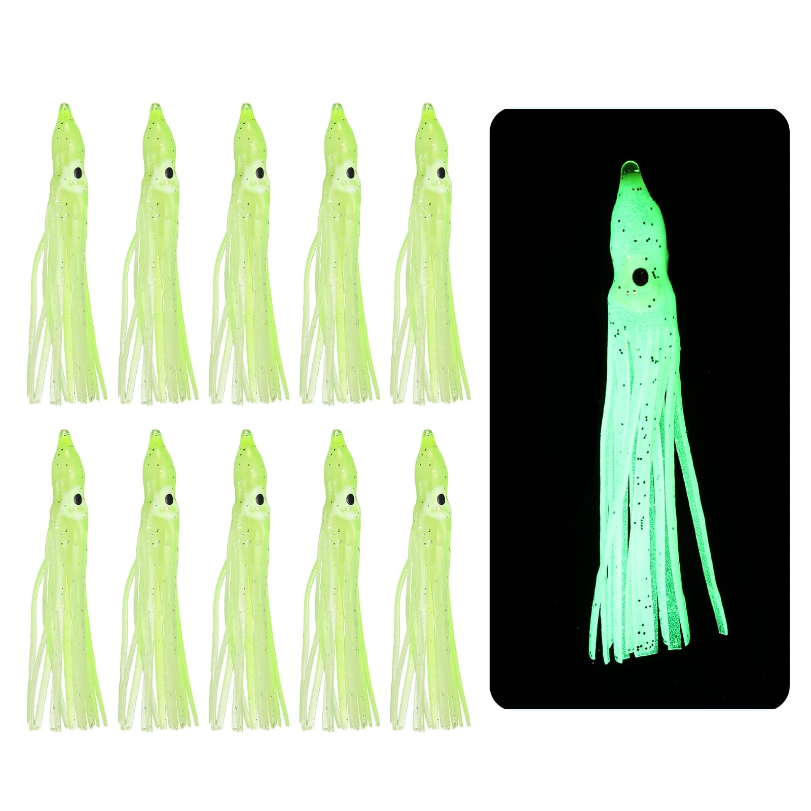 YELARXI Fishing Squid Skirts, Glow Soft Plastic Trolling Lures Luminous 3.5 x 0.4 Inch & 10 Pcs & Clear/Yellow -Fitting for (Bass/Trout/Salmon/Saltwater/Fishing Bait)