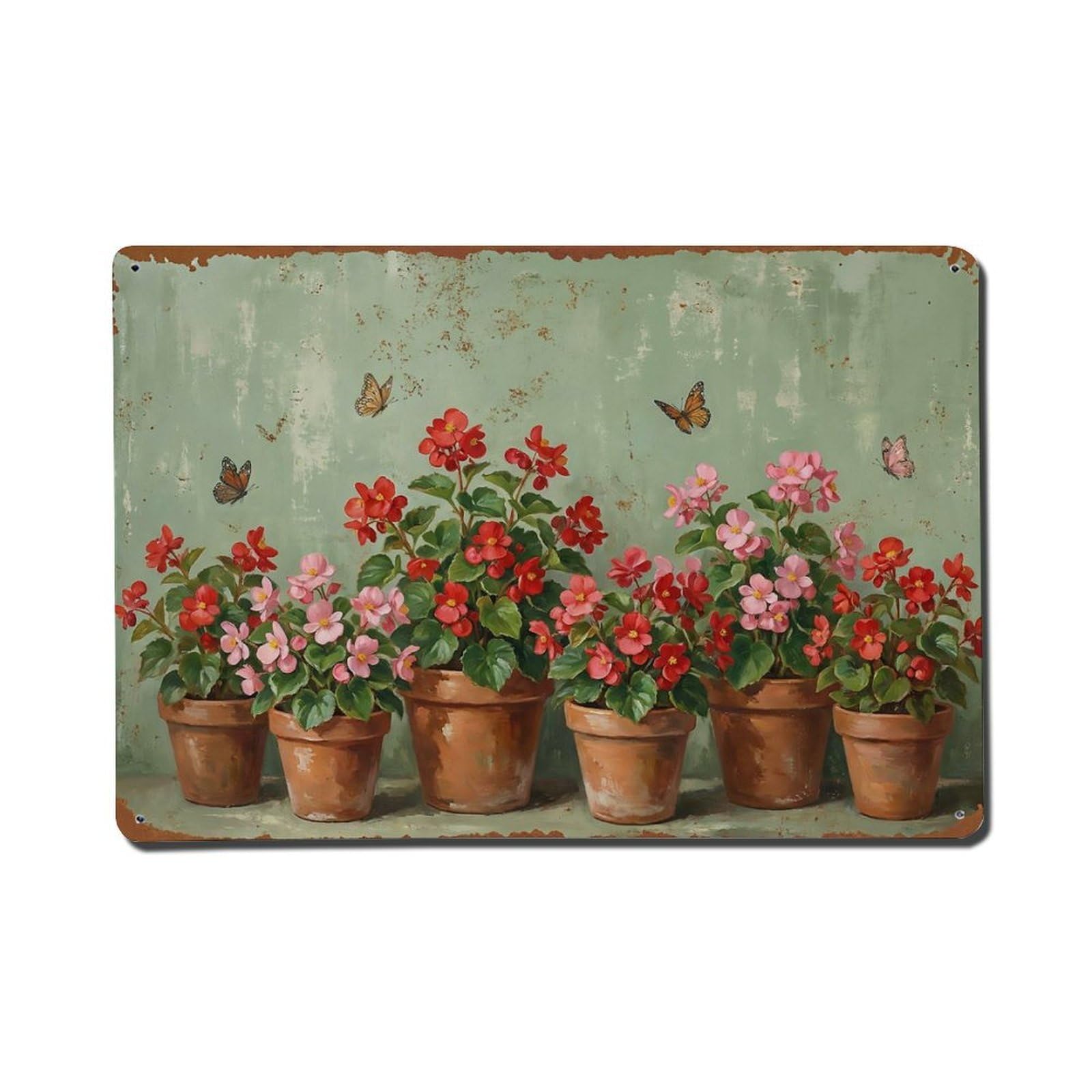 Vintage Rustic Flower Potted Plants Begonia Metal Tin Sign