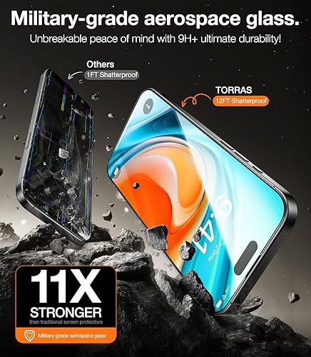 Vista 30 de TORRAS Diamond Shield - Protector de pantalla para iPhone 15 Pro [protección de grado militar] 9H+ irrompible, inastillable, vidrio templado