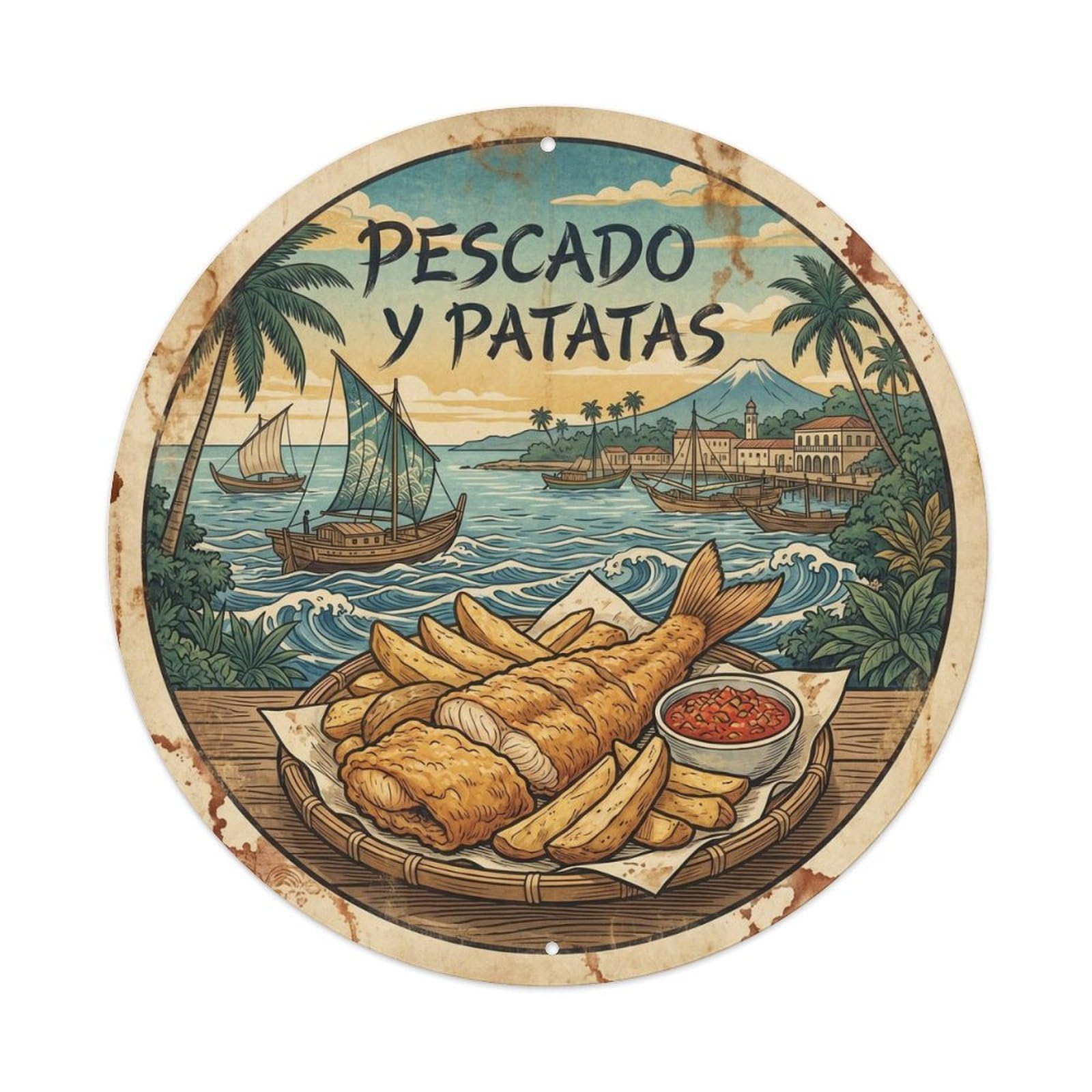Equatorial Guinea Fish Chips Heritage Market Cuisine Metal Tin Sign