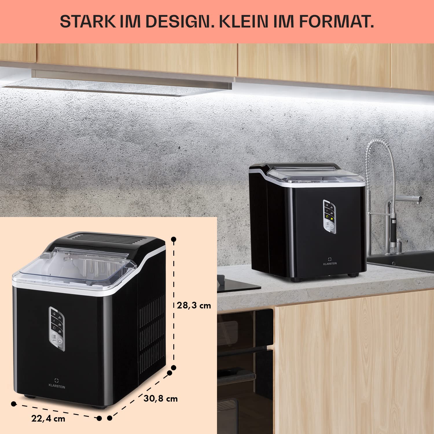 Klarstein Eiswürfelmaschine Klein, Schneller Ice Cube Maker, Eiswürfelbereiter Selbstreinigend, Eiswürfelgerät für Große und Kleine Eiswürfel, mit Eiswürfelbehälter, 12kg/24h, Fassungsvermögen 1,5 L
