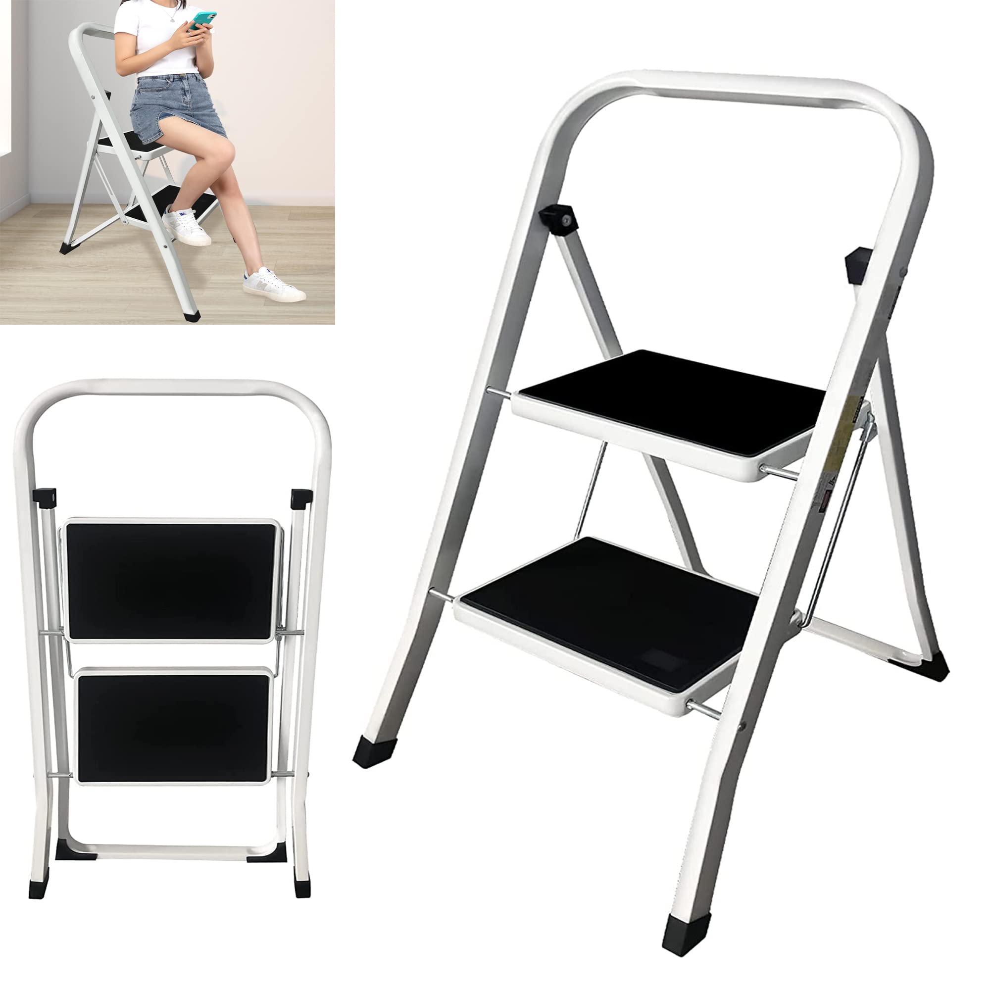 Escalera 2 Peldaños con Patas de Goma Antideslizantes y Pedal Ancho, MAX 150 kg, Peldaños para Cocinas, Casa, Exteriores, Adultos