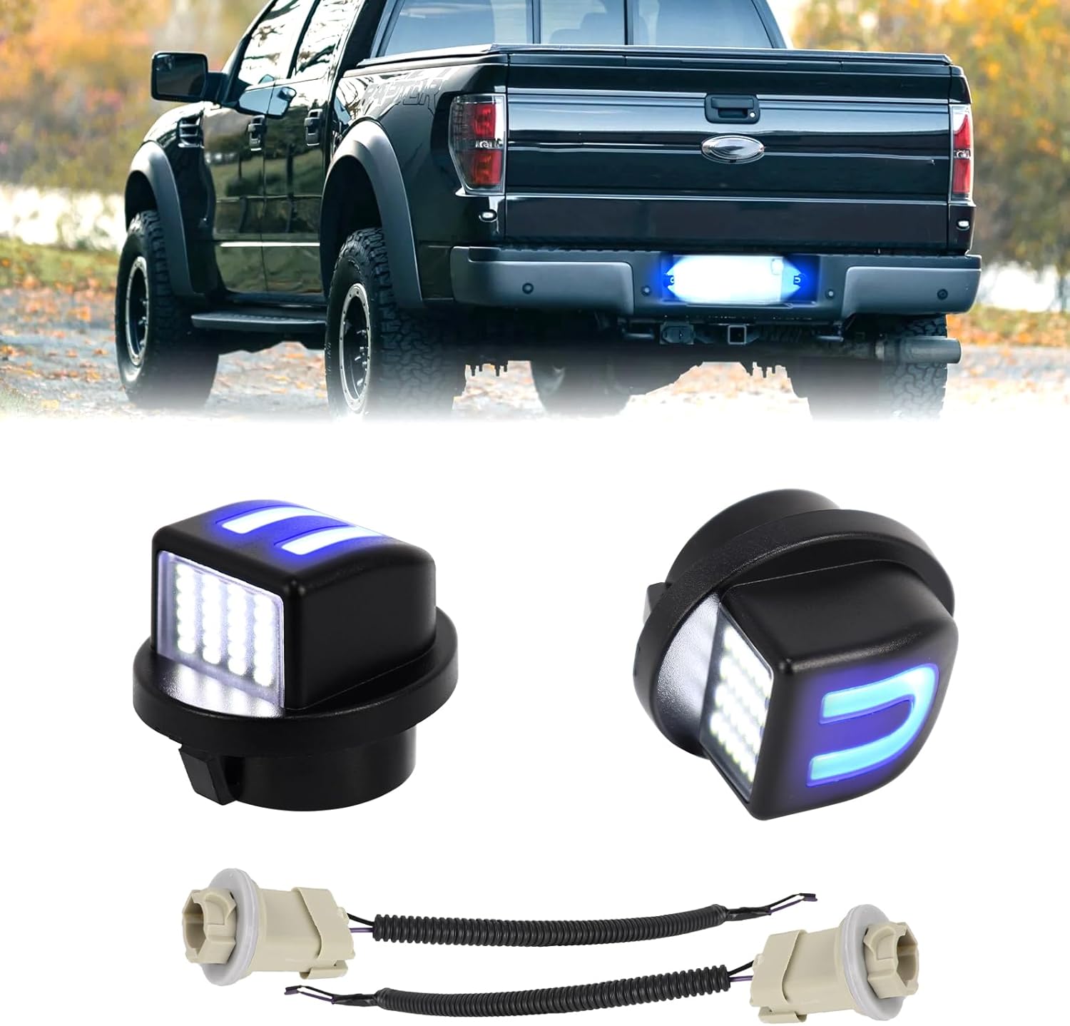 LED License Plate Light for Ford F150 1990-2014 F250 F350 F450 F550 Super Duty Explorer Ranger Bronco Excursion Expedition U-Shaped White & Bule Rear Tag Lamp with 2pcs Socket Harness