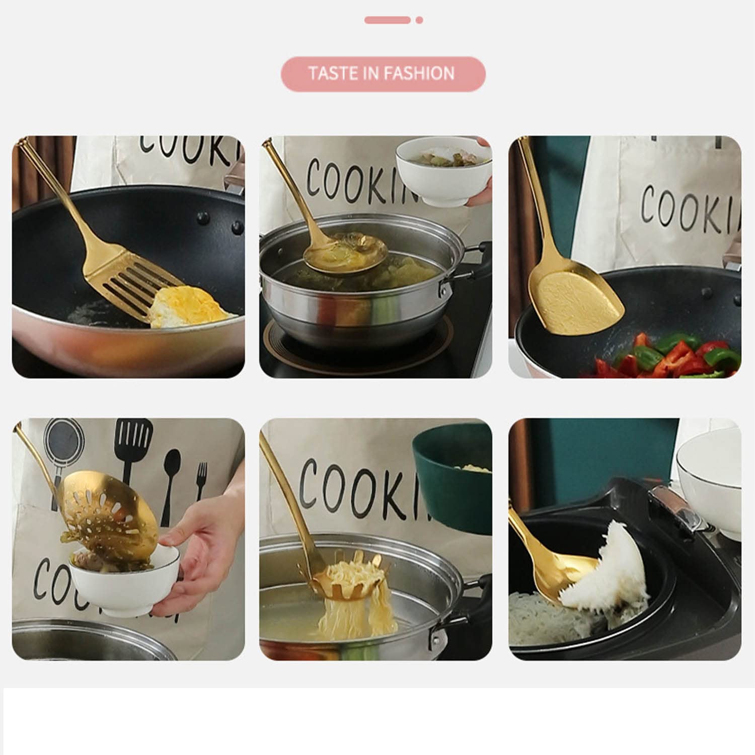 Luxe Ensemble D'ustensiles de Cuisine 7 Pcs Acier Inoxydable Ustensiles de Cuisine Poignée en Céramique avec Support Spatule Louche Cuillère de Service Serveur de Pâtes