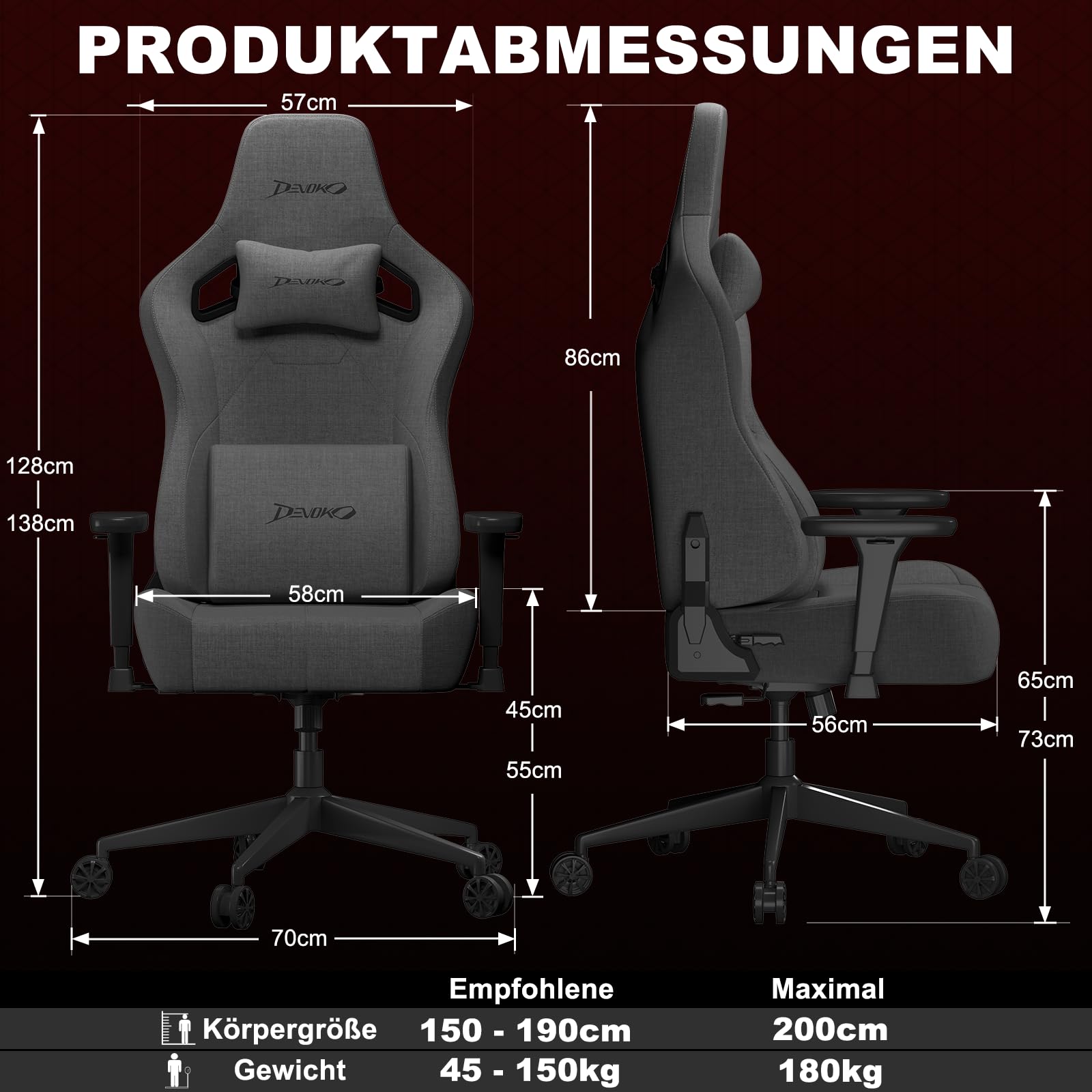 Devoko Ergonomischer Gaming Stuhl Stoff Atmungsaktiv mit Verstellbarer Rückenlehne, Höhenverstellbar, Kopf- & Lordosenstütze, Hochdichter Formschaum, Für Büro & Gaming, 180 kg Belastbar – Dunkelgrau
