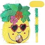 Birchio Pineapple Pinatas Bundle with a Blindfold and Bat (15.4x13x4 Inches), Perfect for Summer Beach Theme Birthday Party Supplies, Hawaiian Tropical Fruit Party Decoration Games