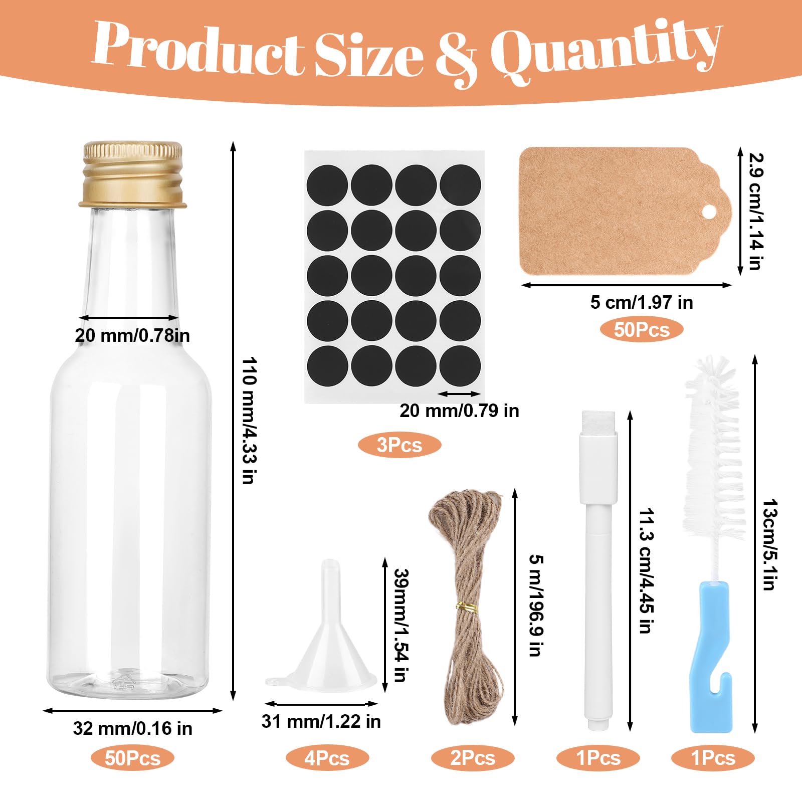 50 Pezzi Mini Bottiglie Alcolici Bomboniere, Bottigliette Liquore Mignon da 25-30 ml, Piccole Bottiglie di Plastica con Penna, Etichette, Imbuto e Pennello per Matrimoni, Feste e Whisky