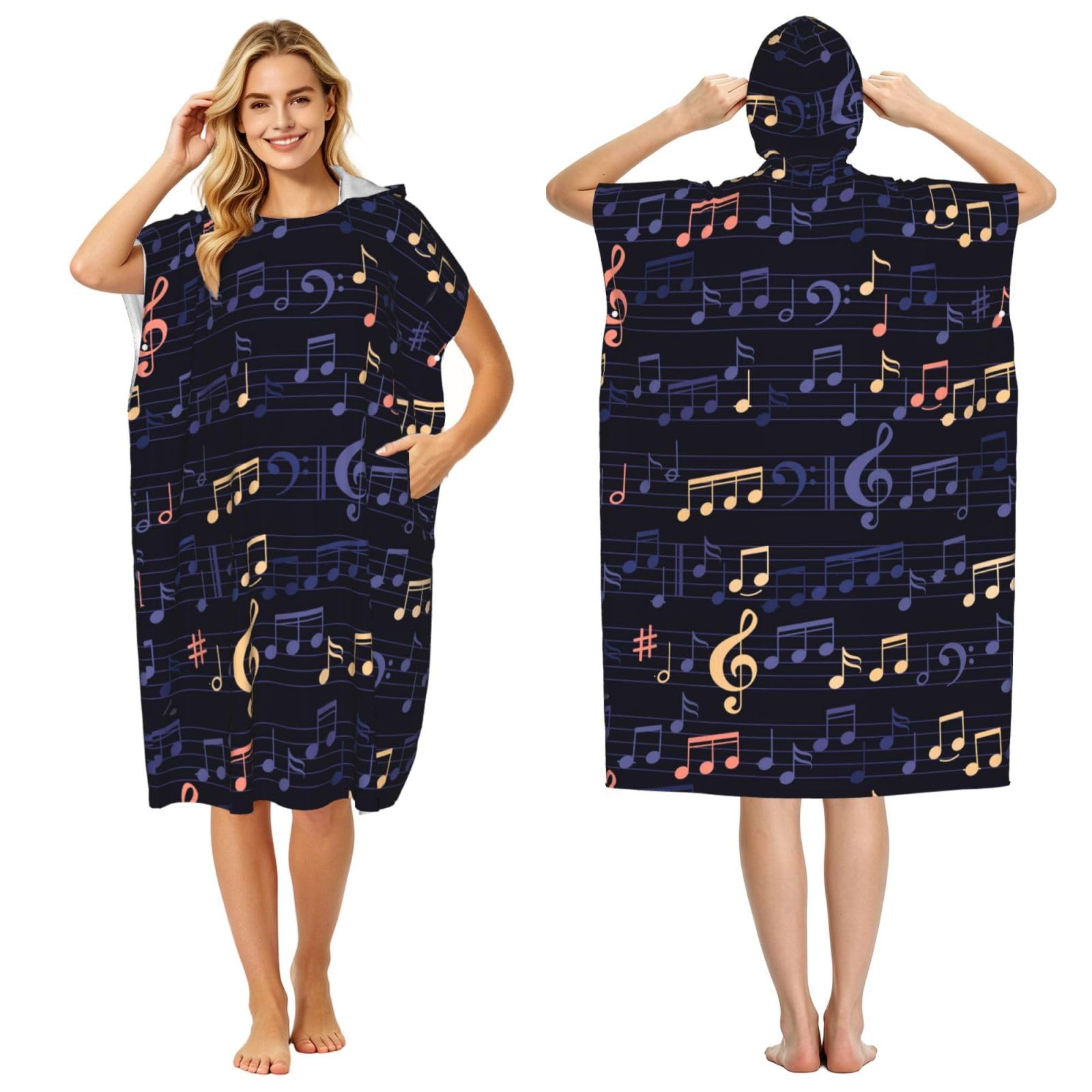 Poadnly Music-Seamless-Pattern, Adult Hooded Beach Towel 90 x 110 cm,Changing Bath Robe, Surf Poncho Towel For Women Men