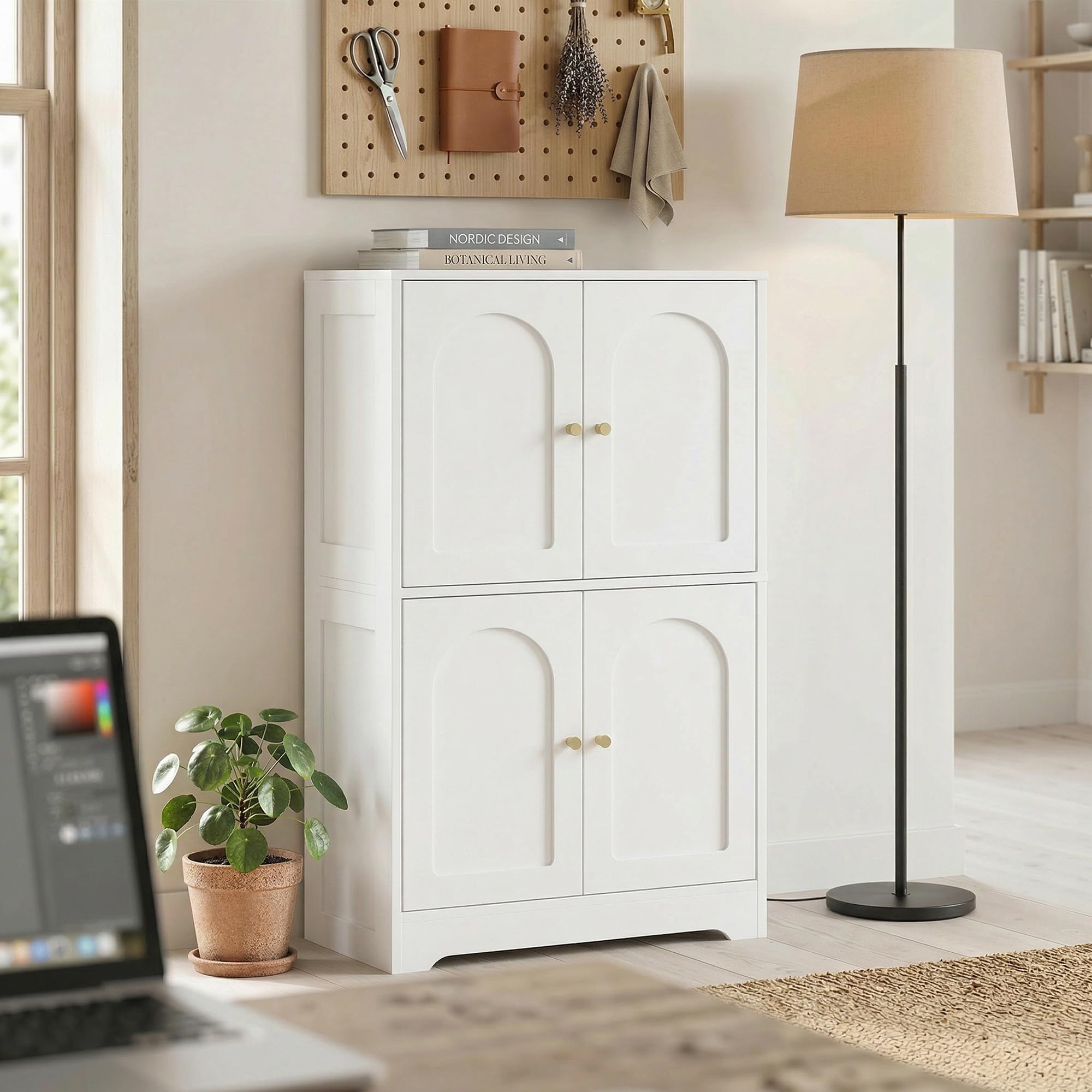 HOMCOM Küchenschrank, Hochschrank mit 2 verstellbaren Regalböden, Küchenbuffet Buffetschrank mit 4 gewölbten Türen, für Wohnzimmer, Weiß, 60 x 30 x 110 cm