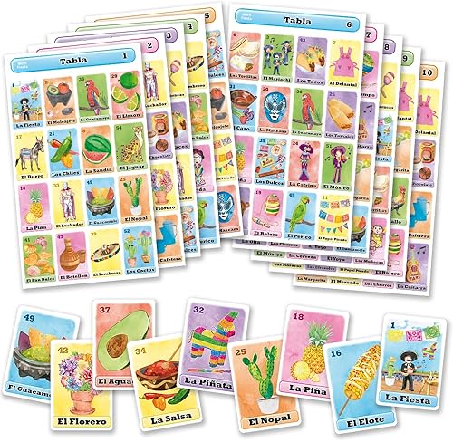 Loteria Fiesta - Juego de bingo mexicano en español para 10 jugadores, 10 tablas de juego y baraja completa de tarjetas de visita