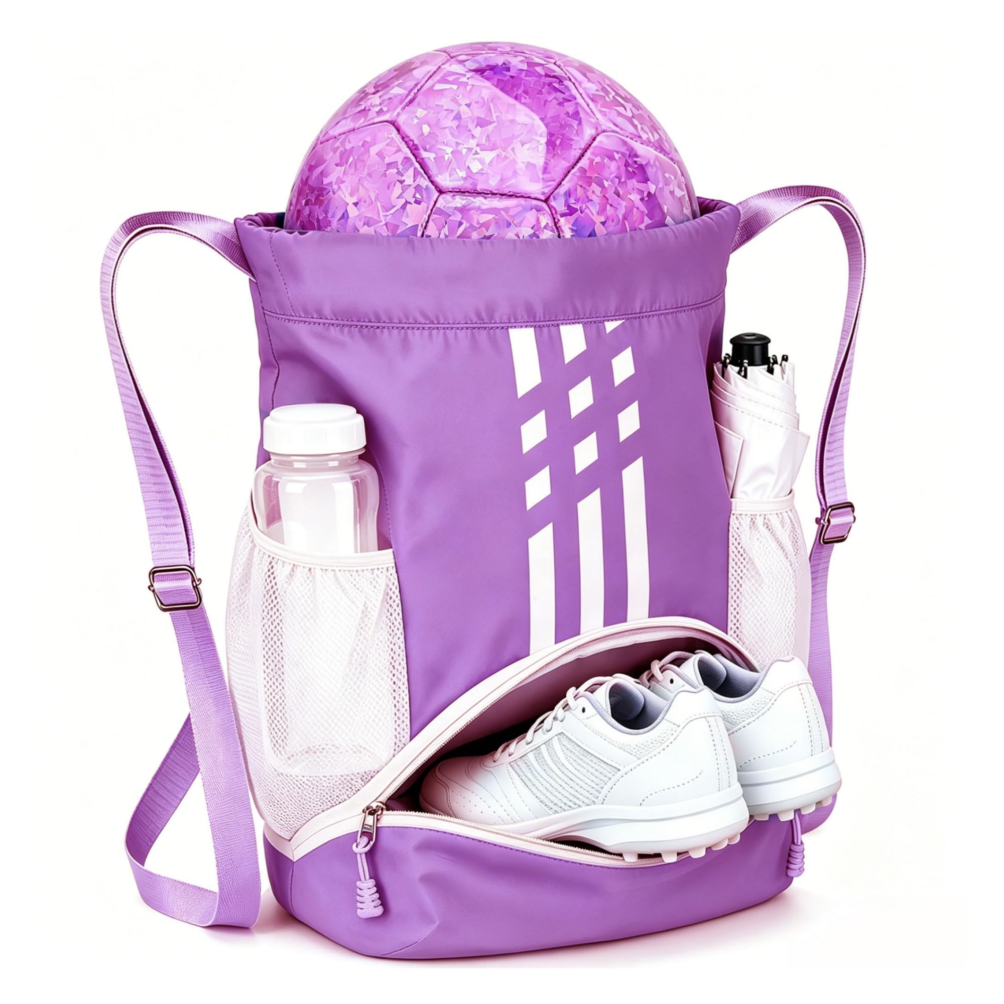 Soccer Bag, Youth Drawstring Backpack for Purple Volleyball Basketball