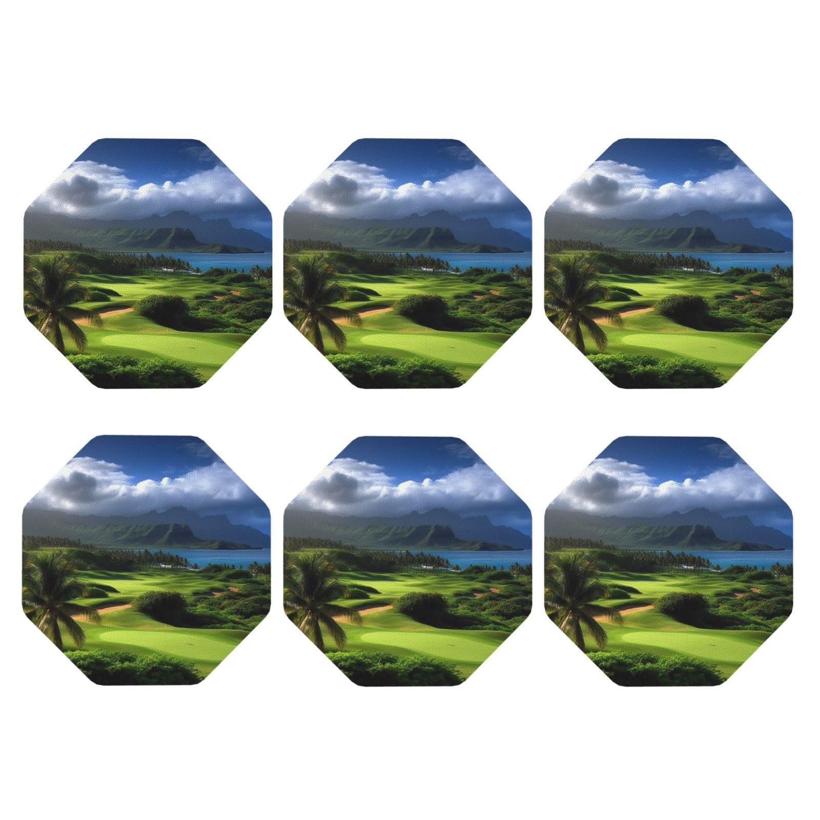 6pcs Leather Coasters for Drinks, Scenic Hawaii Golf Tropical Drink Coasters for Tabletop Protection, 4" Cup Coasters for Coffee Table Decor, Non-Slip Drinking Cup Mat for Hot Or Cold Drink