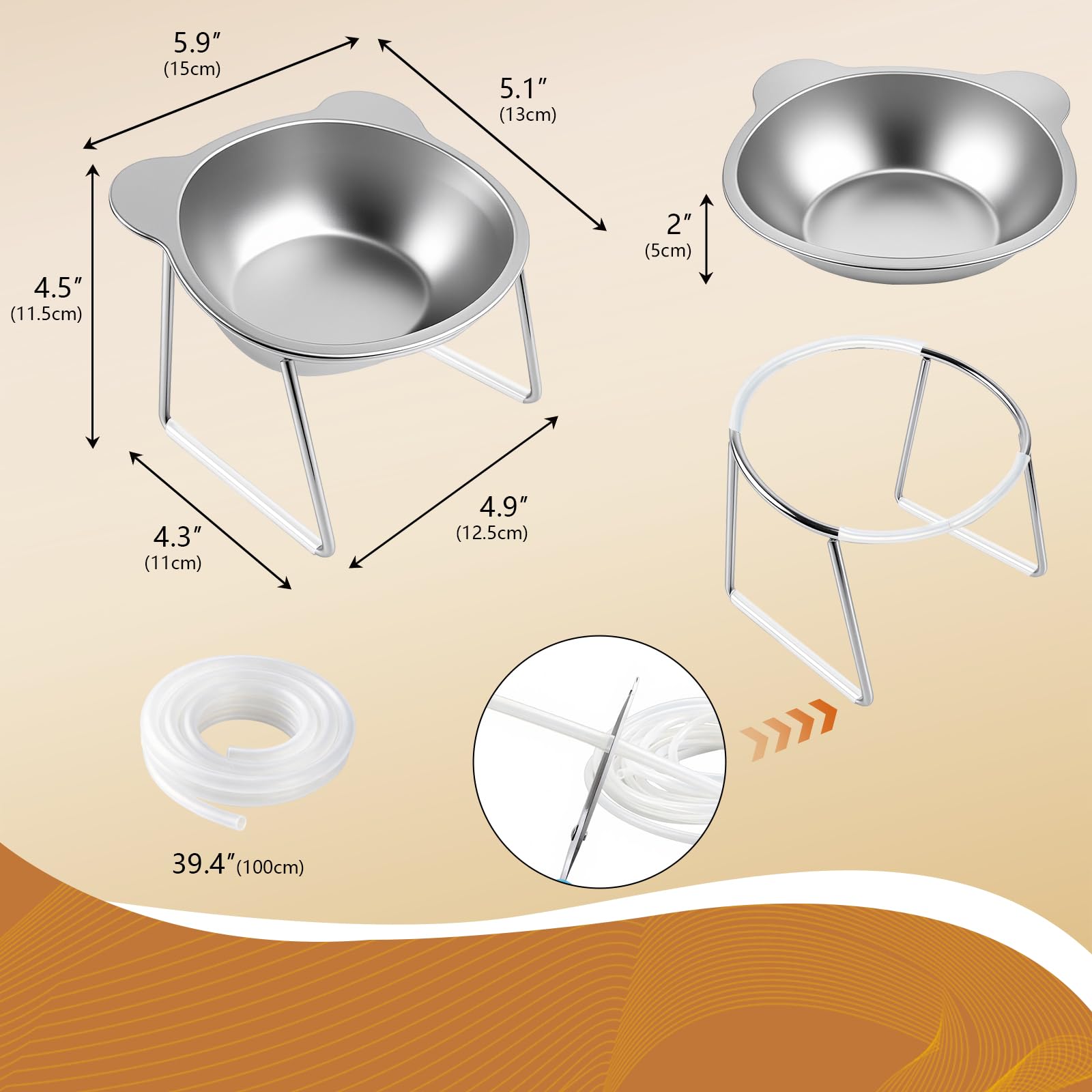 Erhöhter Katzennapf mit 15° Neigung - 5,9 Zoll 304 Edelstahl Erhöhte Schale für kleine Katzen & Hunde, inklusive 1M DIY Silikonhülle.Ergonomisches Design hilft, Erbrechen & Schnurrhaare Stress zu