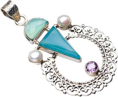 StarGems Natural Chalcedony,Amethyst And River Pearl Handmade 925 Sterling Silver Pendant 2.25" D6260