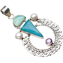 StarGems Natural Chalcedony,Amethyst And River Pearl Handmade 925 Sterling Silver Pendant 2.25" D6260