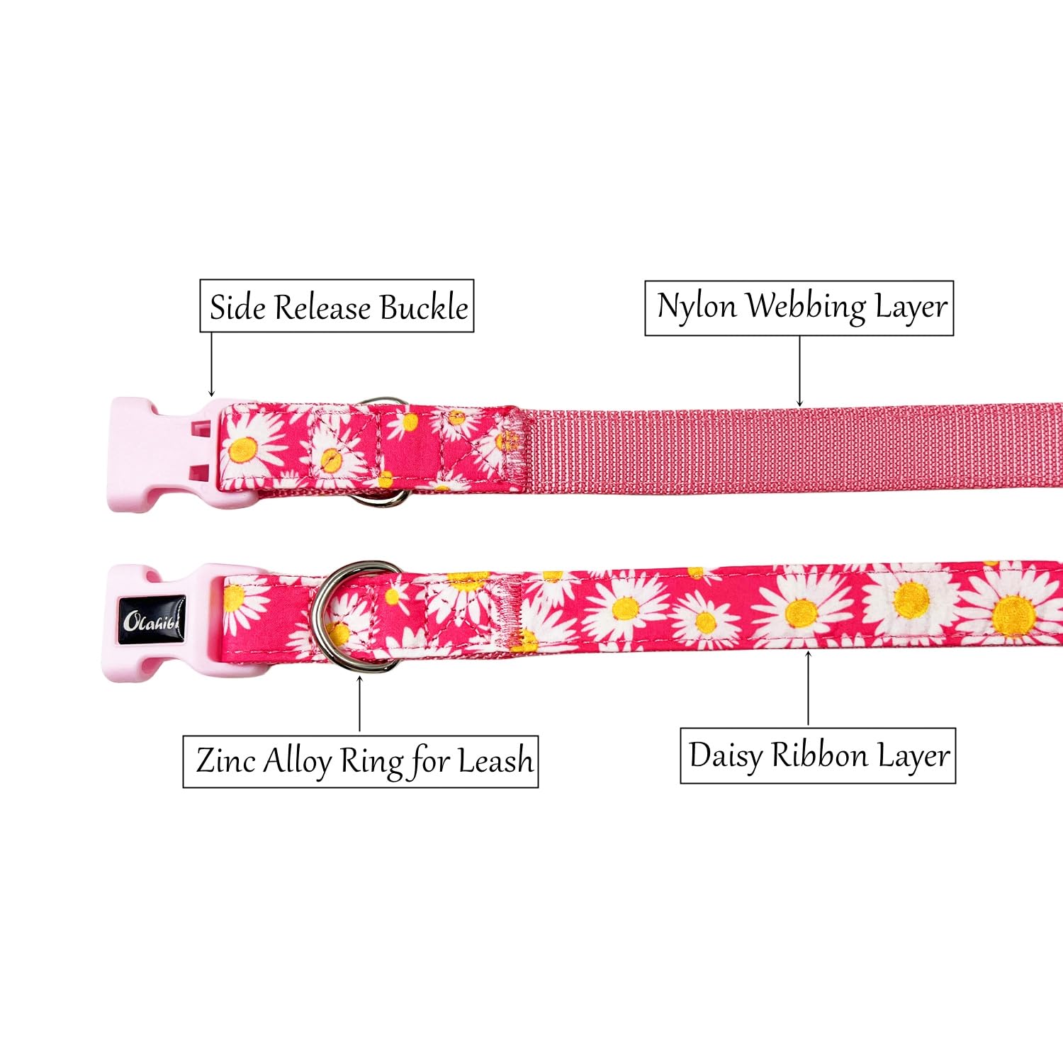 Olahibi Basic Dog Collar, Nylon Webbing Plus Cotton Ribbon, Daisy Pattern, for Medium Dogs.(M, Pink Daisy) - Image 3