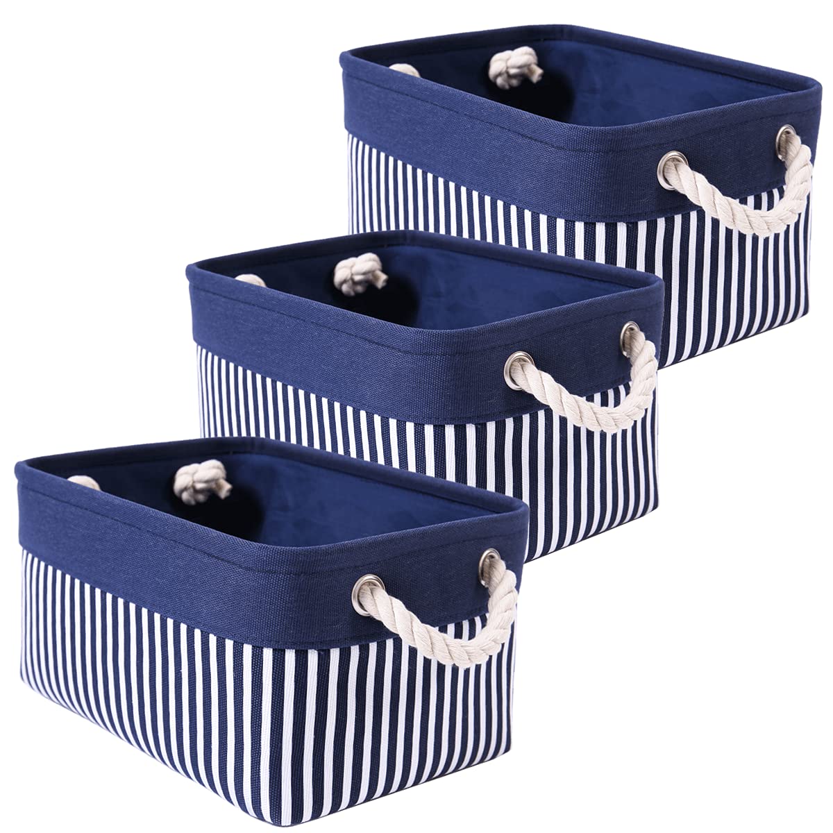 Mangata Blue Stripes Foldable Storage Box, [3 Pack]Small Thickened Fabric Storage Basket With Handles For Shelves Toy(Washable, Blue Stripe)