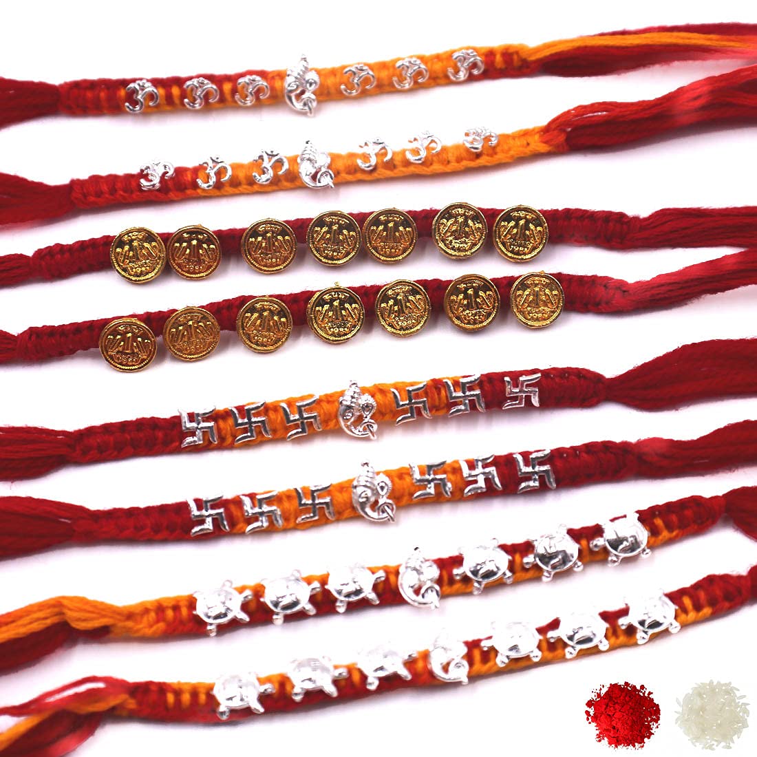 Ganesha Rakhi Om Rakhi Tortoise Rakhi for Brother|Golden Silver Coin Rakhi Dora Rakhi Combo of 8 with Roli Chawal-image-16