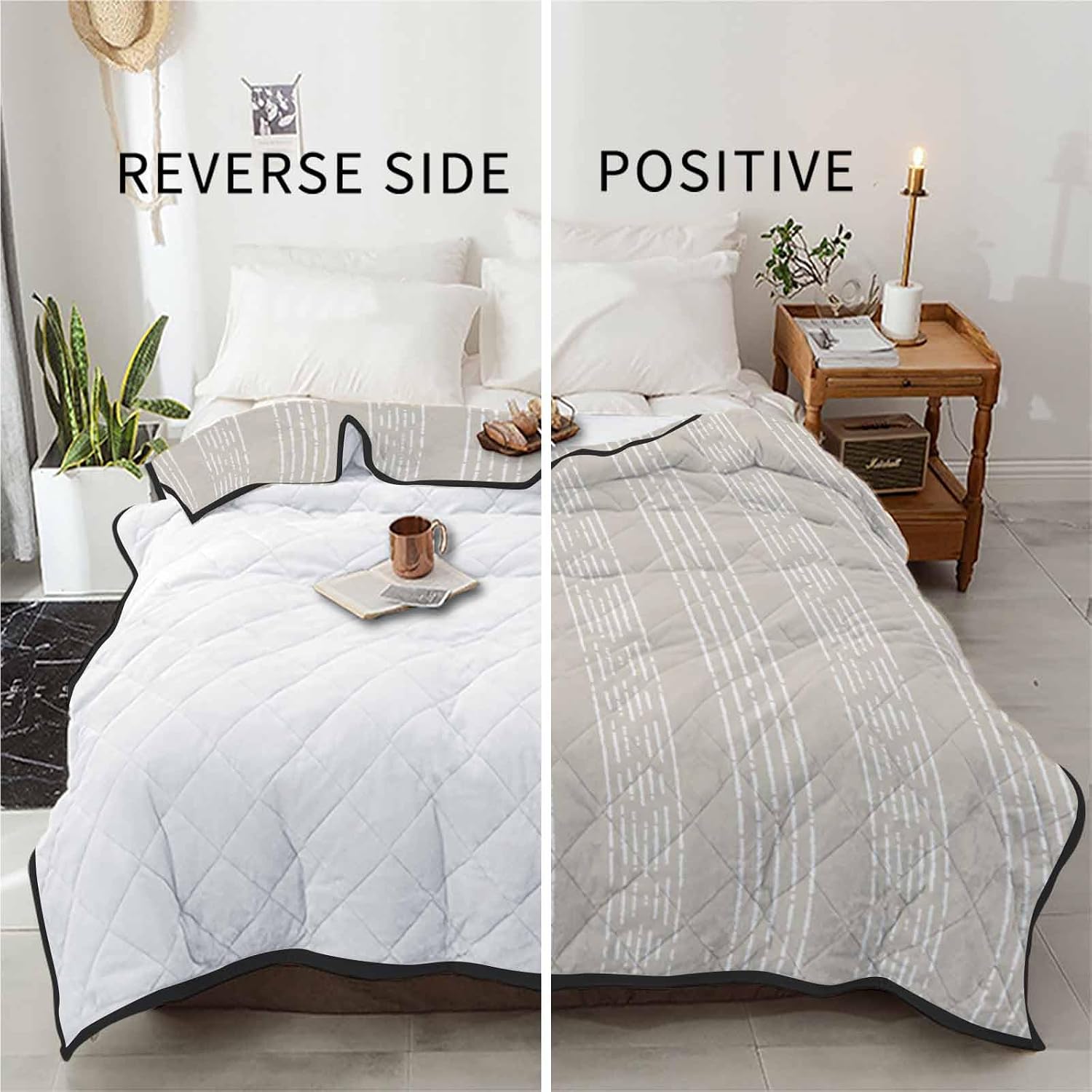 T&H XHome Quilt California King Luxury Quilted Comforter Bedspread-Thin Soft Cozy, Boho White Striped Farmhouse Style Beige Reversible Stitched Lightweight Quilt Coverlet for All Season