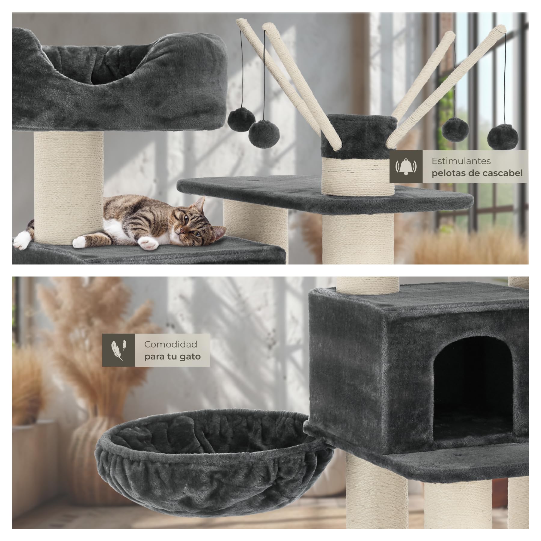 tectake 800740 Rascador para Gatos, Árbol Rascador, Columnas de Sisal, Caseta Plataforma 4 Nidos Hamaca, 130x79x195 cm (Gris/Blanco | No. 403327)