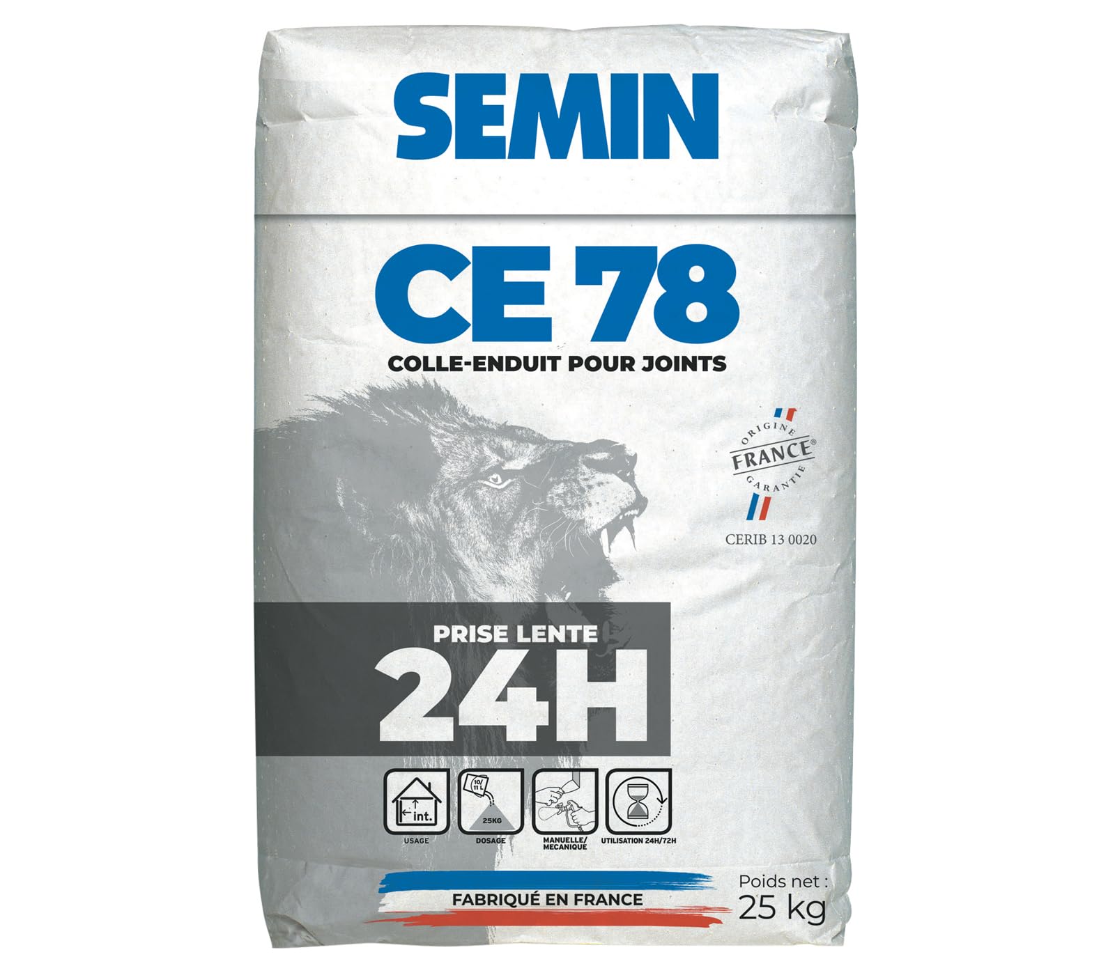 SEMIN CE 78 Lent 25 kg - Enduit pour Joints de Plaques de Plâtre avec Bande à Joint - Temps d'Emploi Supérieur à 24 h - Application Manuelle ou Mécanique - Finition Professionnelle - Intérieur