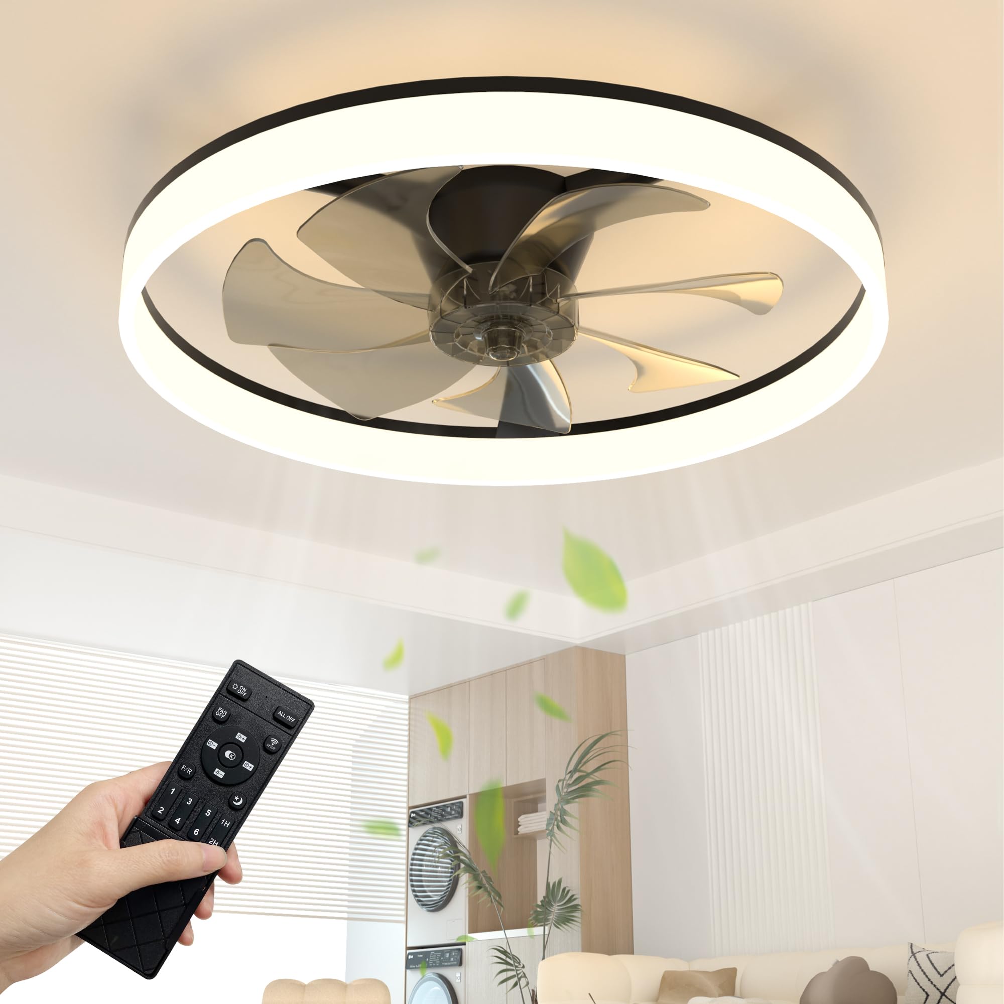 NIORSUN 60cm Ceiling Fans with Lights and Remote, 6 Speeds Modern Smart LED Ceiling Fan Light, 3000K-6500K Dimmable Quiet Fan Lights Ceiling for Bedroom Living Room Dining Room (Black)Recycled Claim Standard Blended