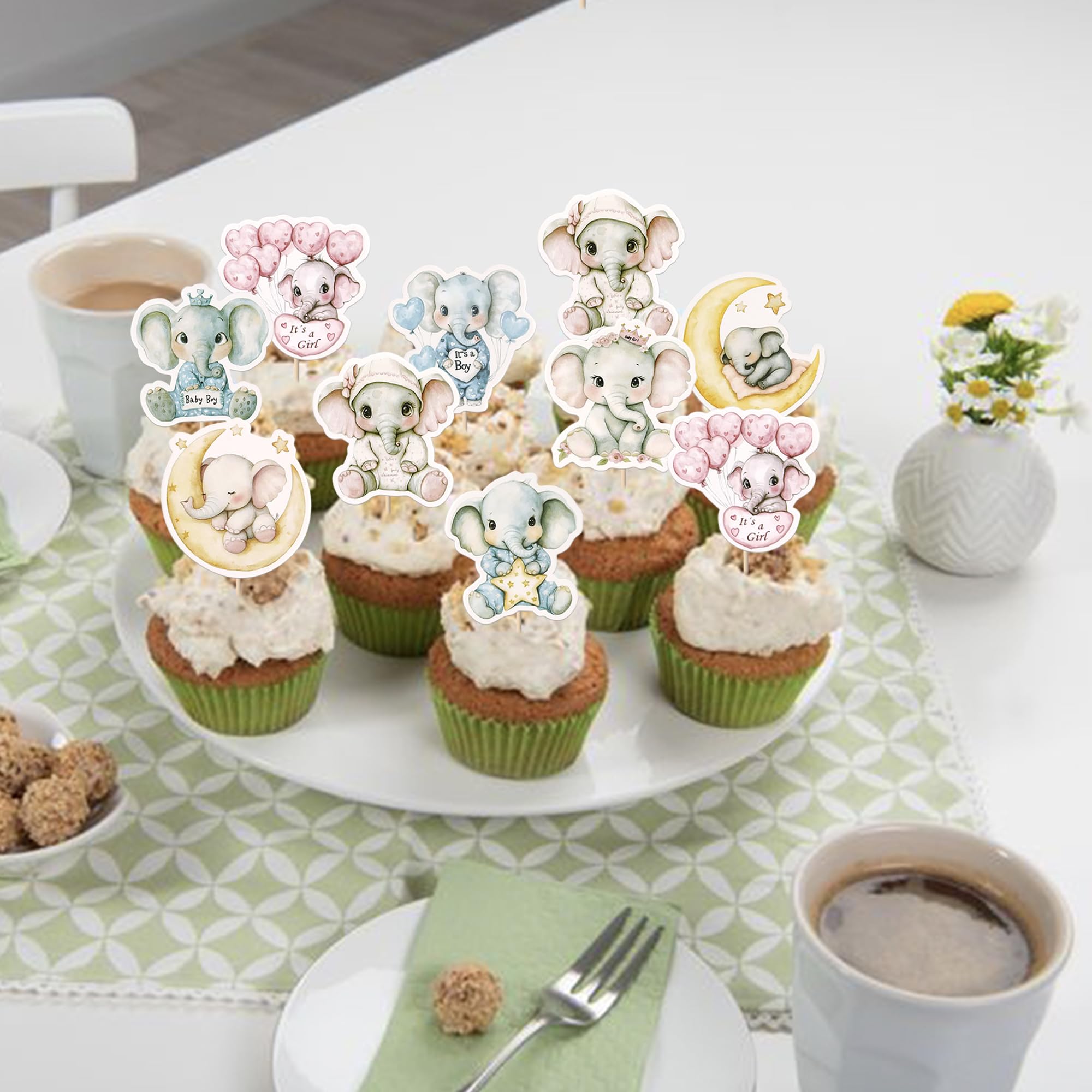 Xsstarmi 40 Pack Baby Elephant Cupcake Toppers Balloon Star Moon Cupcake Picks Pink or Blue Cake Decorations for Gender Reveal Theme Baby Shower Kids Birthay Party Cake Supplies - Image 4