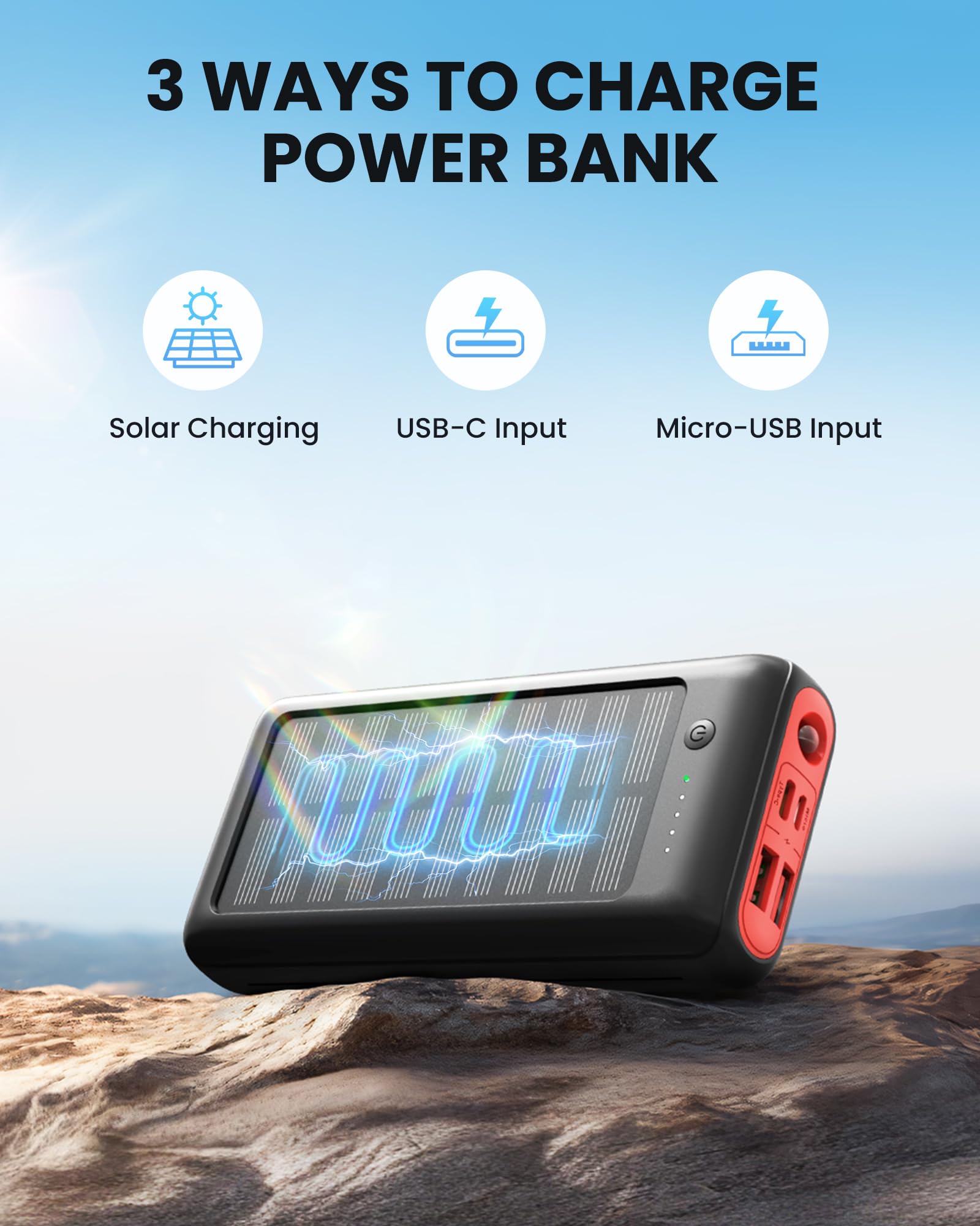 Solar Powerbank 27000mAh, 22,5W PD20W Power Bank Schnell Aufladende, Tragbares Ladegerät für Outdoor Indoor