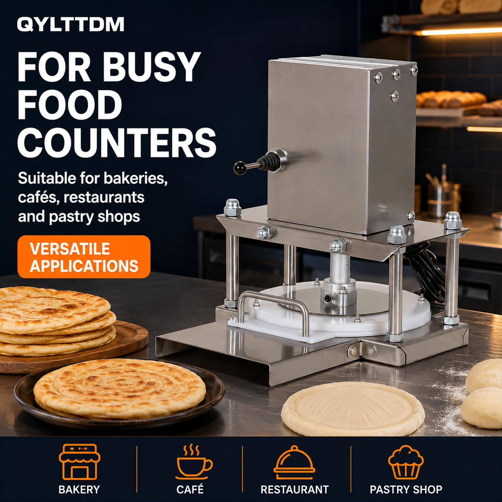 TYH Elektrische Pizzateigpresse, Manuelle Pizzateigpresse Aus Edelstahl, 400 Teigstücke Pro Stunde, Gewerbliche Walzenausrollmaschine Für Pizzaböden Und Hackbraten 25cm