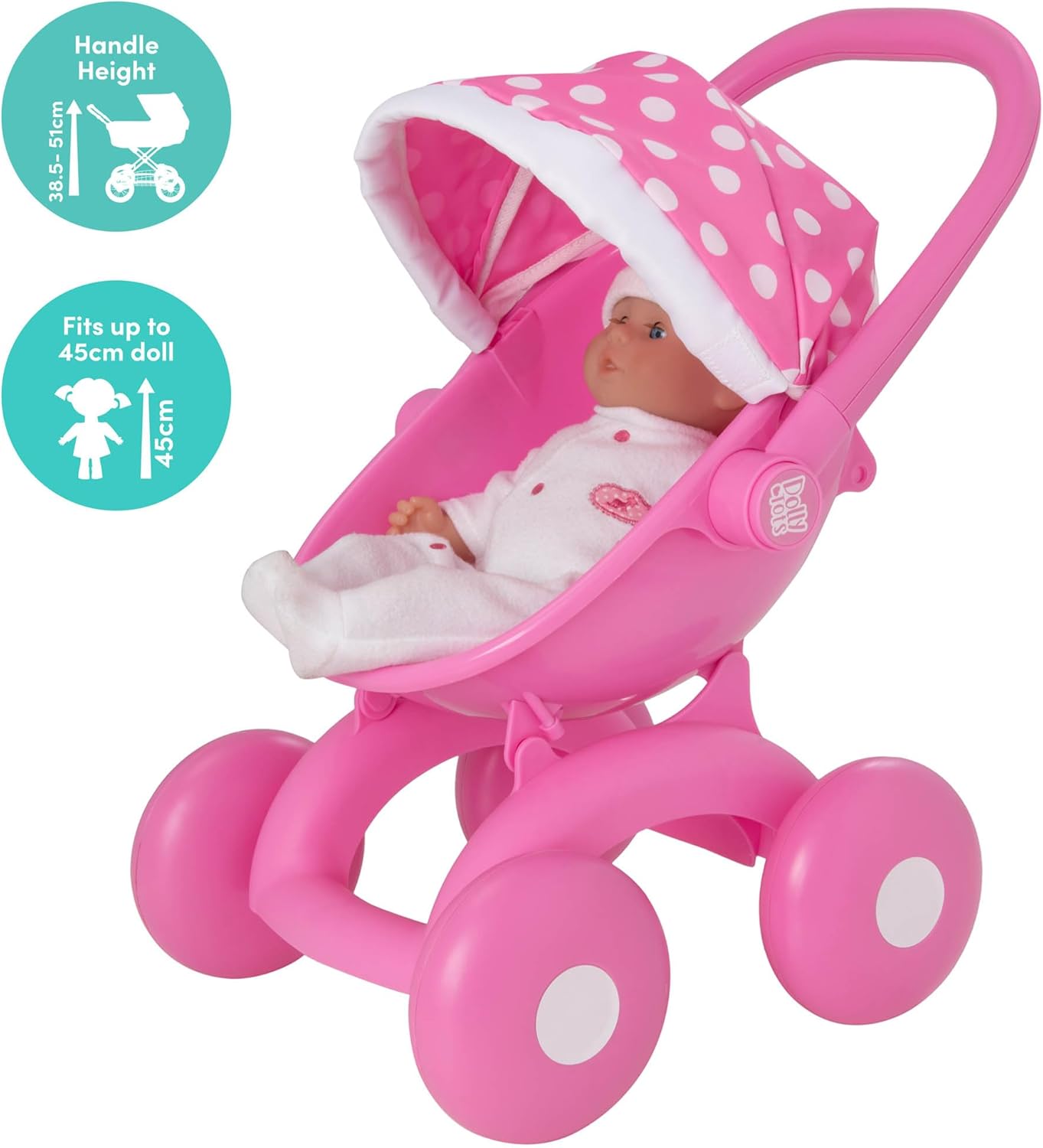 Dolly Tots My First 4-IN-1 Pram | Pink Childrens Dolly Pram | Childrens Baby Doll Pushchair Buggy Stroller, Carry Cot, Baby Seat | Dolls Pram Accessories For Kids Ages 18M+ 5 71DQslFACJL. AC SL1500