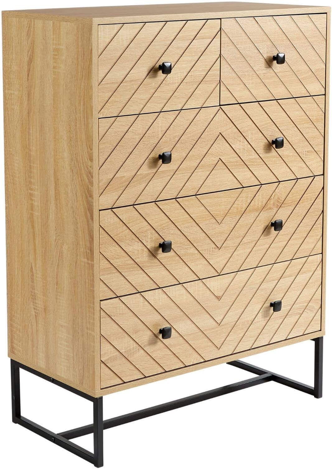 Home Source Aztec Bedroom Chest of Drawers, Wooden Home Furniture Clothing Storage Unit, 5 Drawer, Oak Effect