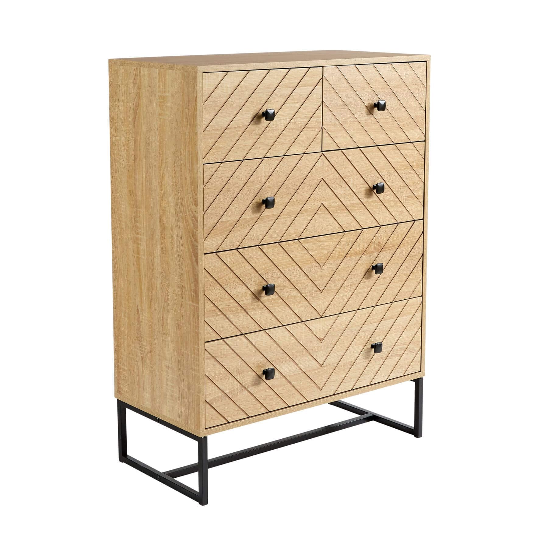 Home Source Aztec Bedroom Chest of Drawers, Wooden Home Furniture Clothing Storage Unit, 5 Drawer, Oak Effect