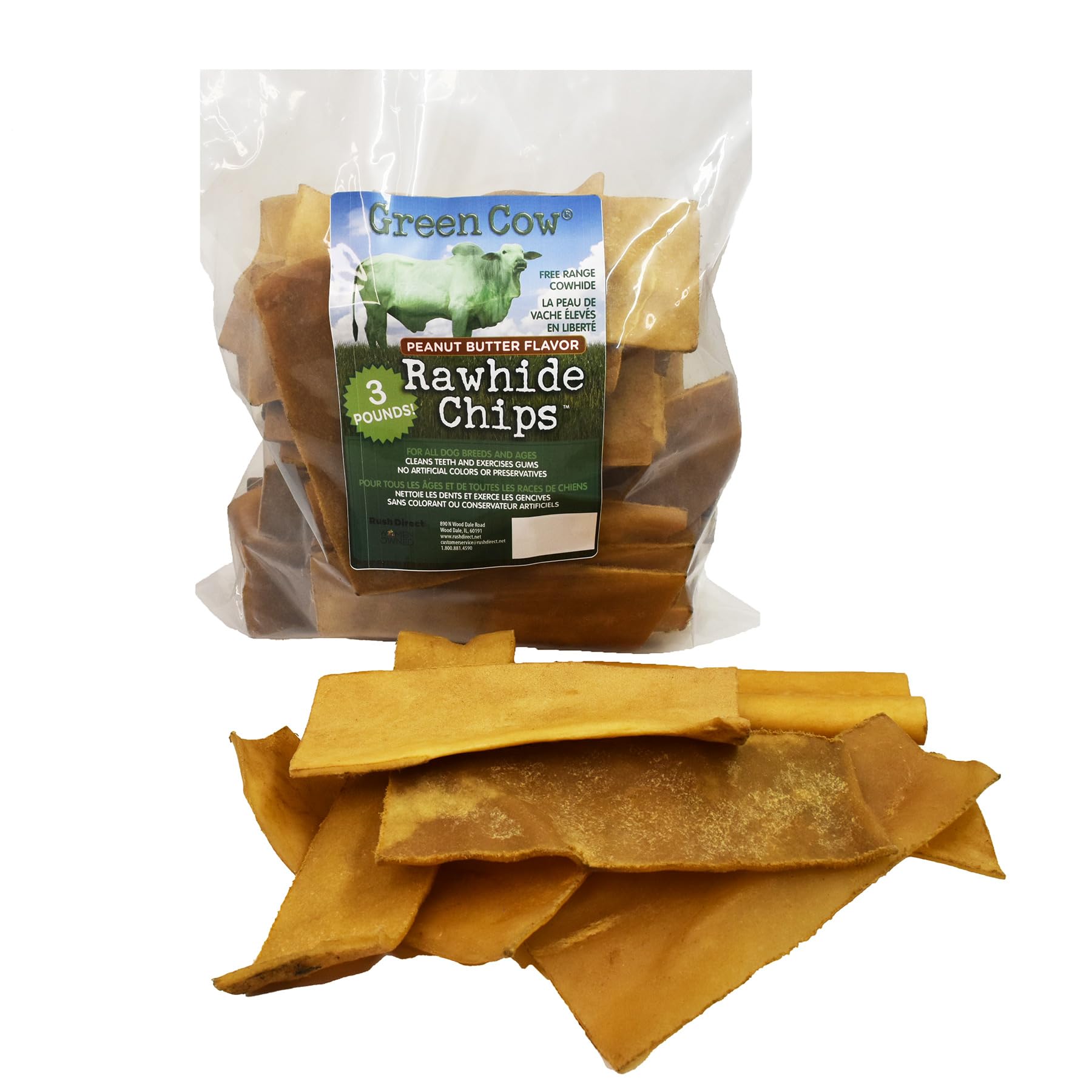 GreenCow Rawhide Chips Peanut Butter 3-Pound Bag - Premium Large Dog Rawhide Chews - Ideal for Agressive Chewers Dog Rawhide Treats - Durable Rawhide