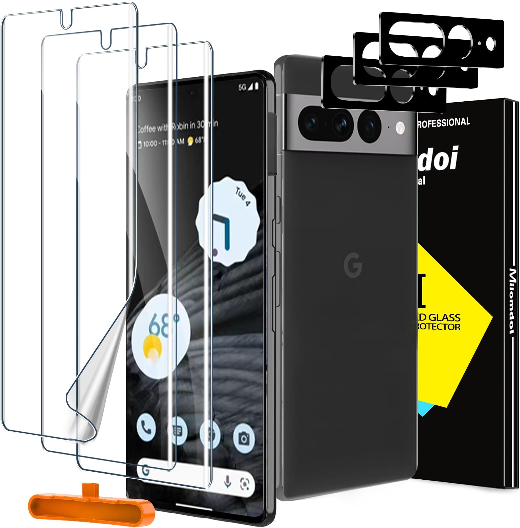 Milomdoi [3+3 Pack] for Google Pixel 7 Pro Screen Protector [Not Glass] 3 Pack Flexible TPU Film Accessories with 3 Pack Tempered Glass Camera Lens Protector Fingerprint Suitable Case Friendly 5g