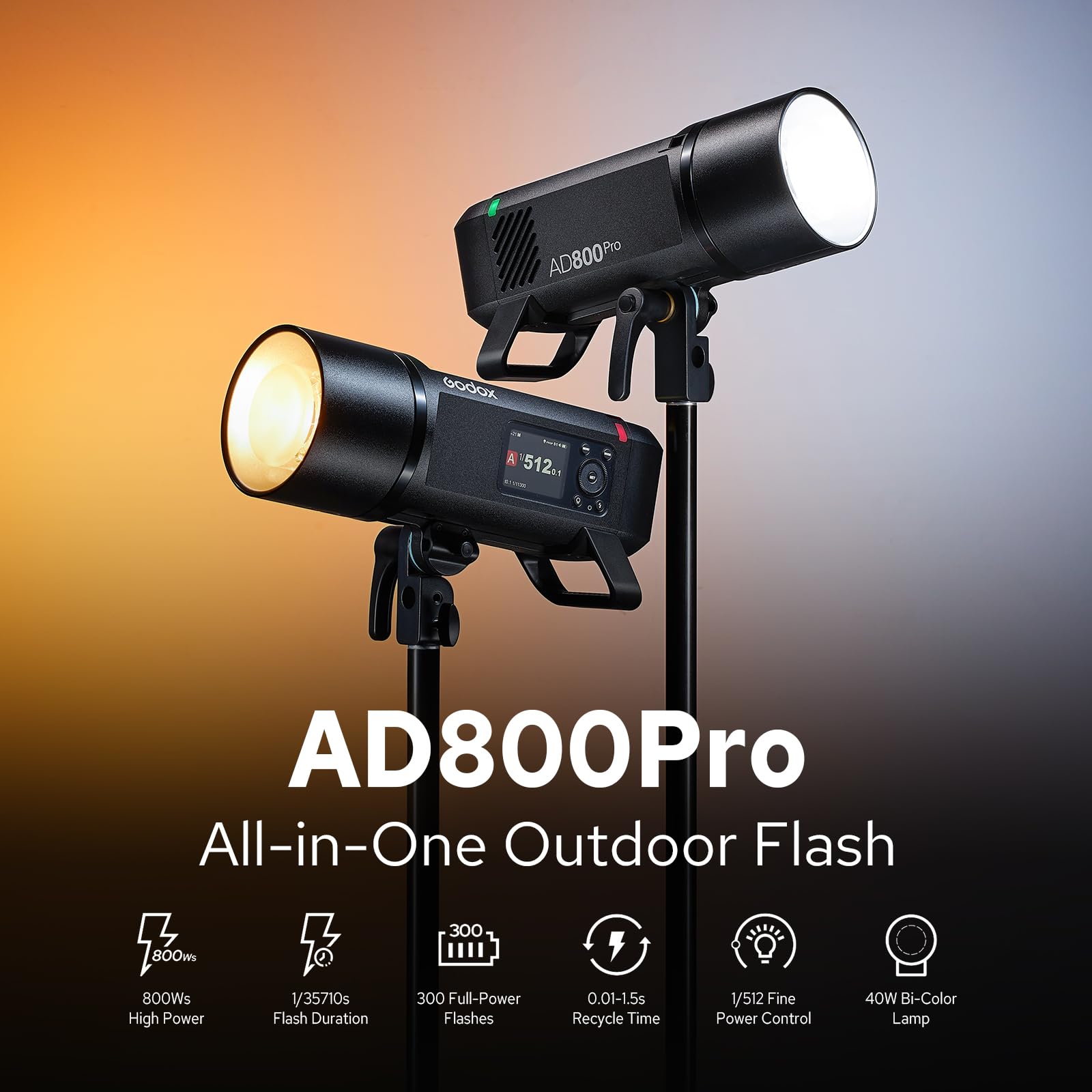 Godox AD800 Pro AD800Pro Exteriores Flash, GN110 800Ws TTL 1/8000s HSS Flash Strobe Monolight,300 Máxima Potencia, Tiempo de Reciclaje de 0,01 a 1,5 s con Batería