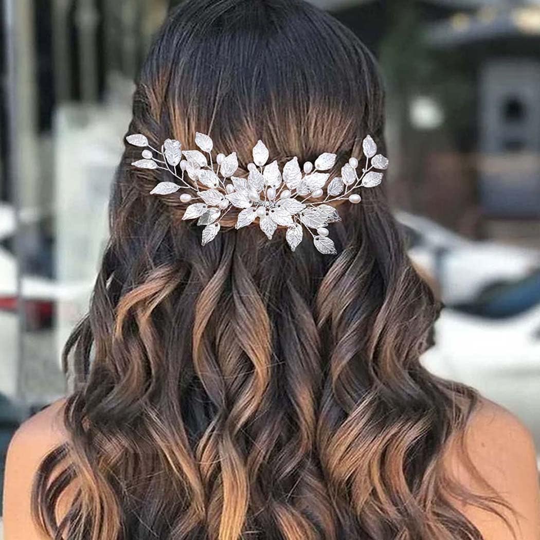 Elegant Pearlized Leaf Hair Comb Amazon.com : Easedaily Leaf Bride Wedding Hair Comb Silver  main image 4
