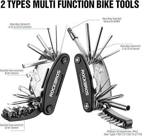 Miniatura 2 de ROCKBROS Kit de herramientas de bicicleta multifunción 16 en 1 - Kit de herramientas de ciclismo multiherramienta portátil plegable con llave Allen,