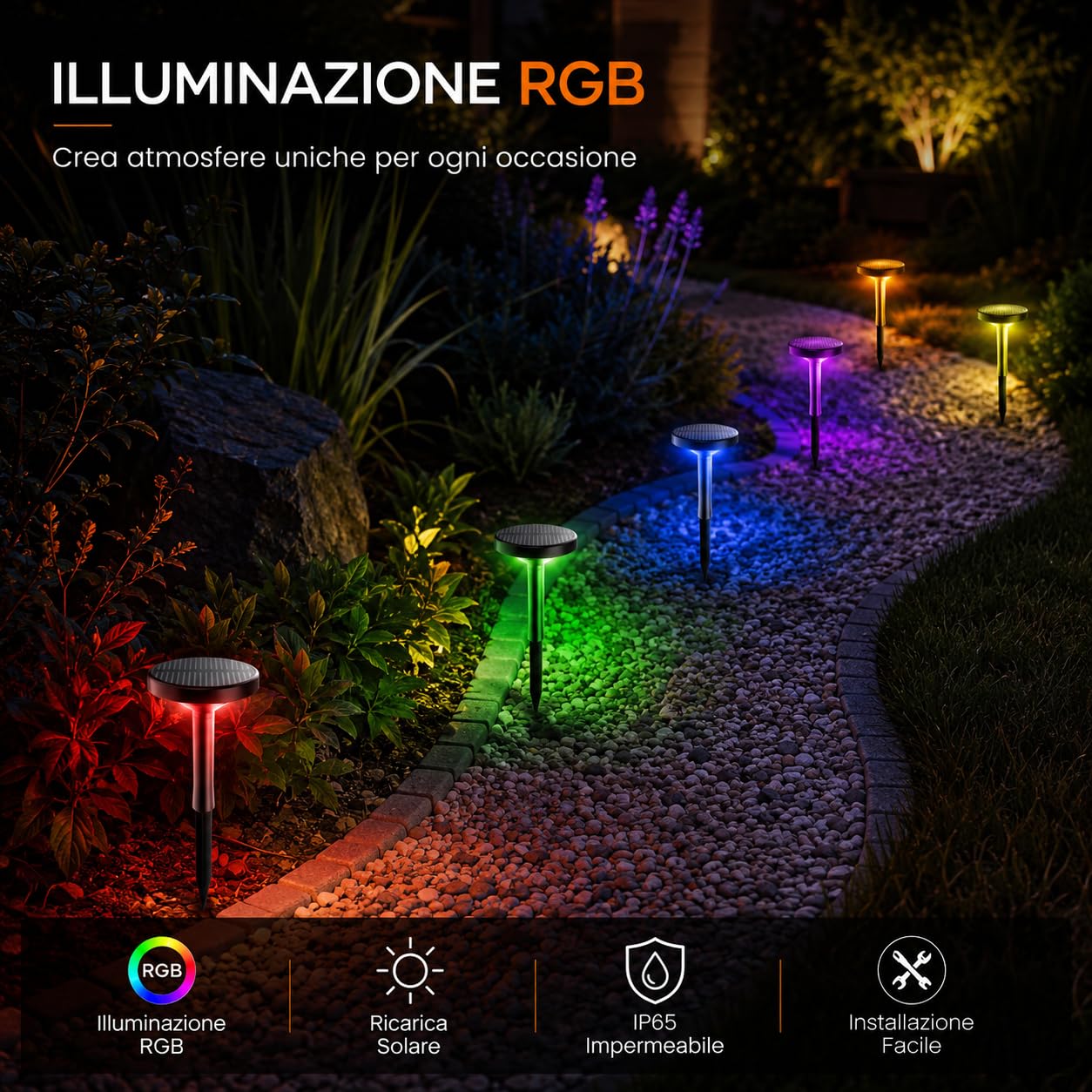 Set 6 Lampioncini Solari da Giardino con Picchetto | Luci Solari Esterno IP65 | Autonomia fino a 12 Ore | Versione RGB o CCT 3000K 4000K 6500K | per Vialetti Aiuole Terrazze Cortili (Luce RGB)