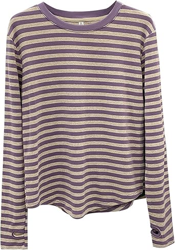 Women Long Sleeve Striped T-Shirts Casual Loose Fit Soft Pullover