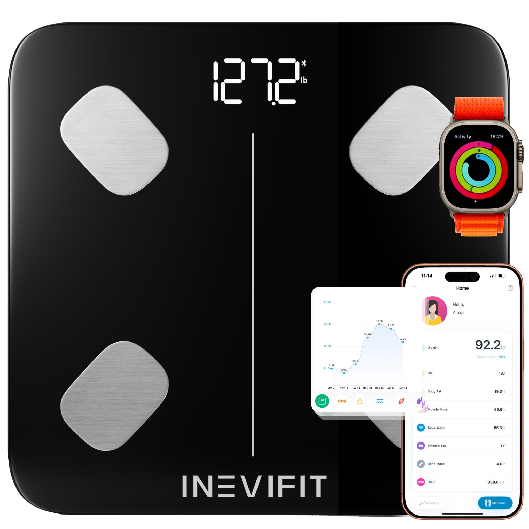 INEVIFIT Bilancia intelligente per il grasso corporeo, analizzatore digitale della composizione corporea del bagno Bluetooth altamente accurato, misura il peso, il grasso viscerale e le ossa (Eco-Blk)