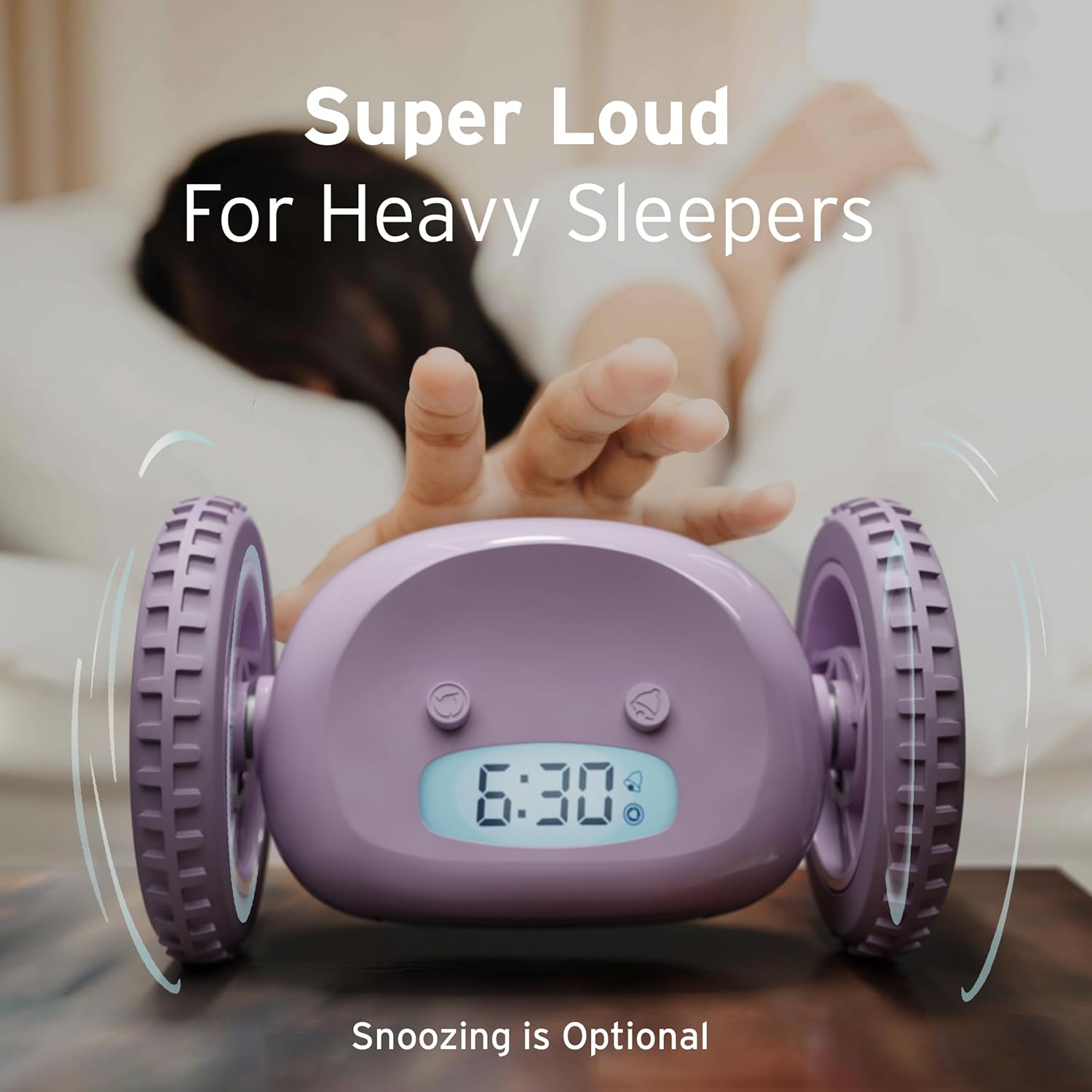 CLOCKY Alarm Clock on Wheels – Loud Rolling Alarm Clock for Heavy Sleepers | Runaway Clock that Jumps & Runs to Wake You Up | Funny Unique Gift for Adults & Teens (Lavender)