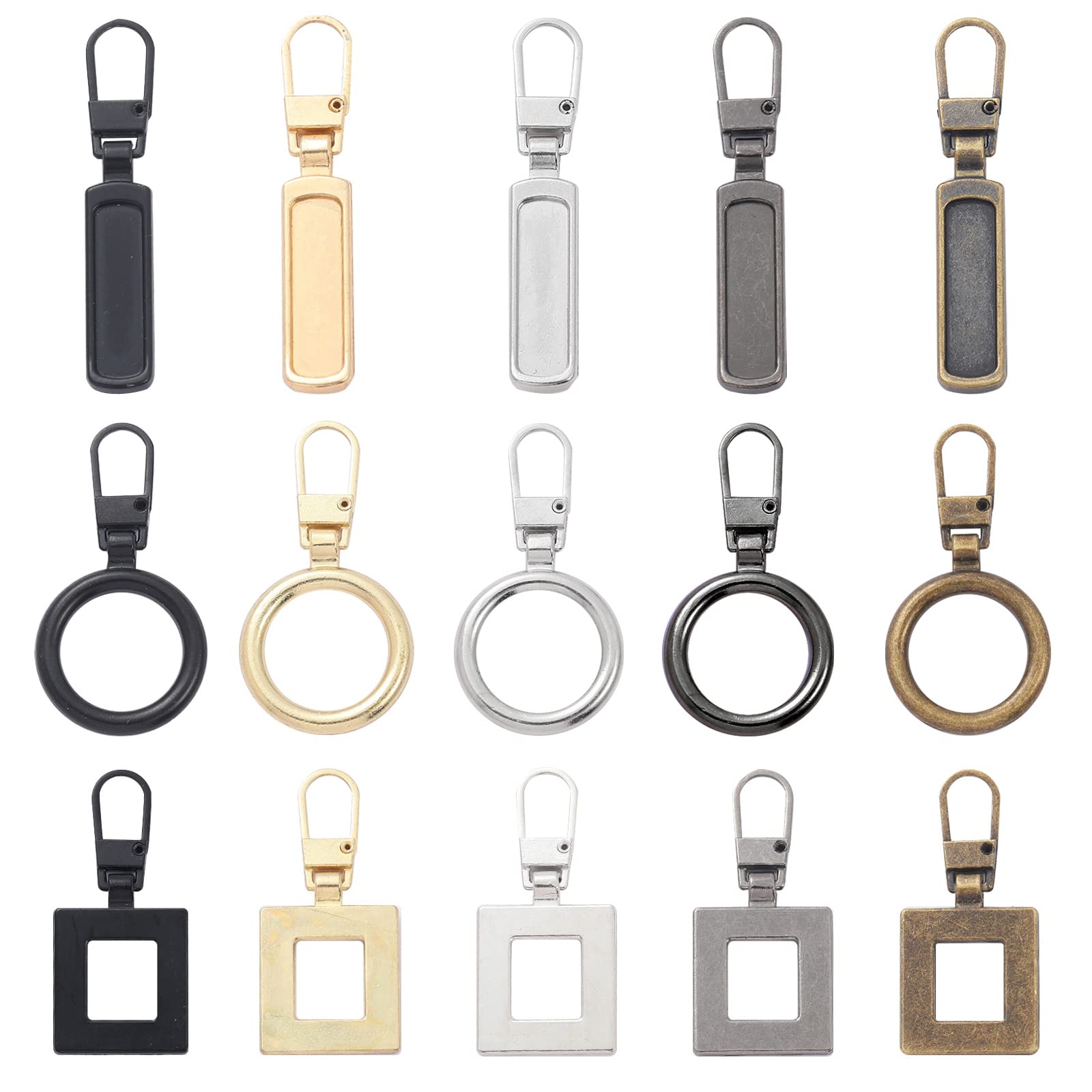 Bekecidi 15 PCS Zipper Pull Replacement, Detachable Zip Pulls Metal Zipper Gripper Zip Repair Pull Tab Zipper Pull Replacement Slider Kit for Coat Jacket Backpack Handbags (A)