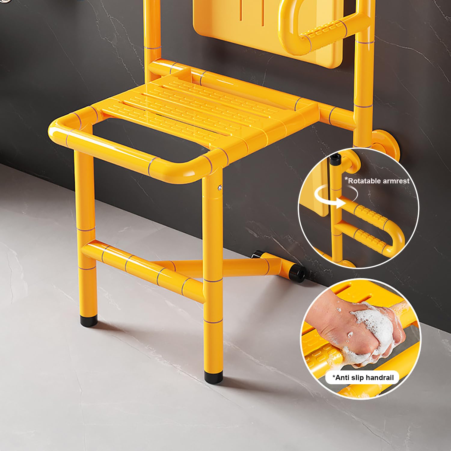 Taburete de Ducha Plegable Montado en la Pared,Ahorra Espacio | Silla de Ducha,con Respaldo,Luminoso,Reposabrazos Giratorio,Antideslizante,para Ancianos/Discapacitados,Capacidad 300 KG