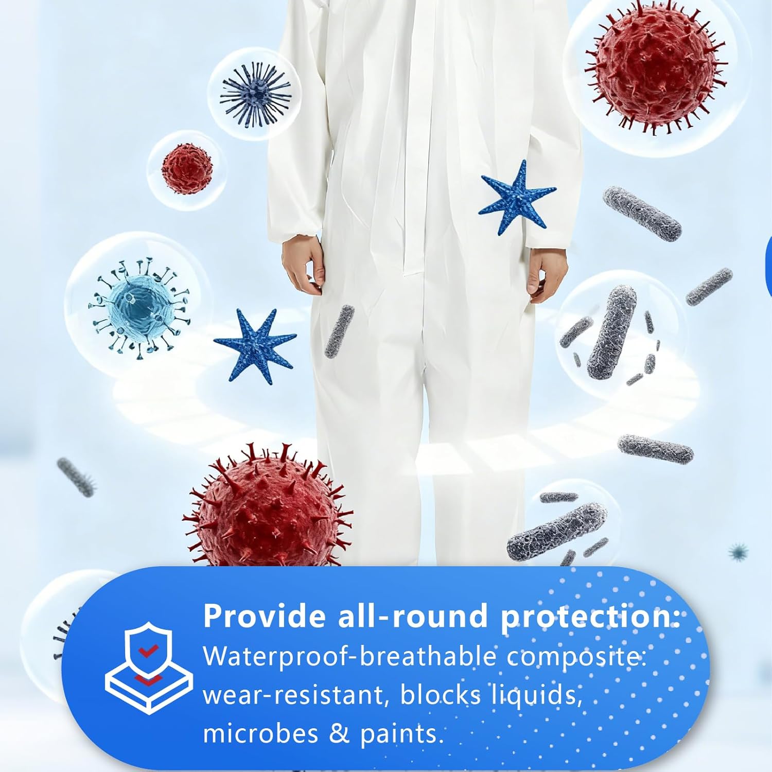 Hazmat Suit Disposable Coveralls 25 Pack, Microporous PP+PE Paint/Painters Suit with Hood, Breathable Full Body, Elastic Wrists & Ankles, Industrial Cleaning, White Hazmat Suit, Size L