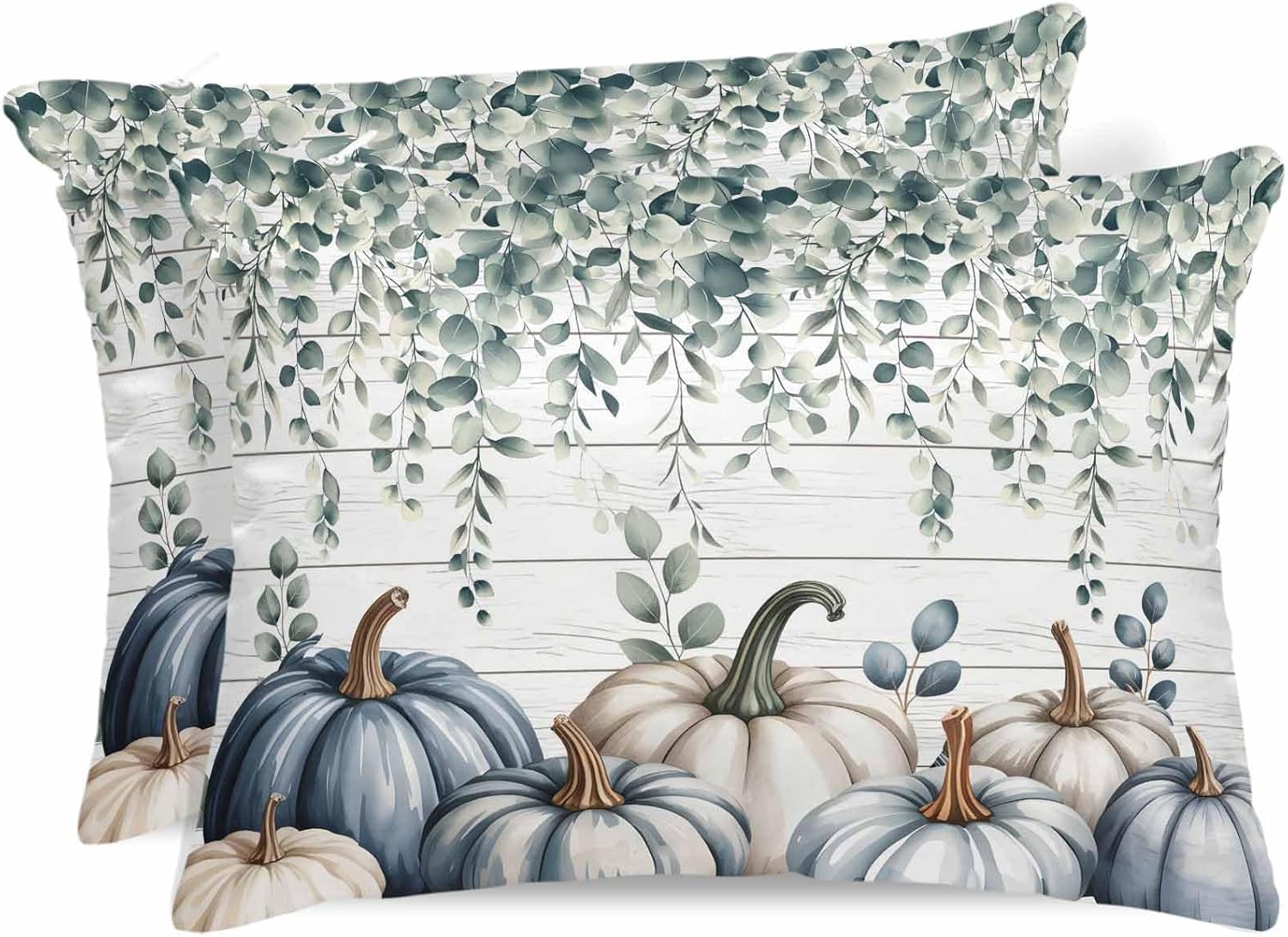 Blue Grey Pumpkins Fall Pillow Cases Queen Size Set of 2, Smooth Satin Pillowcase for Hair and Skin, Thanksgiving Eucalyptus Leaves Cooling Bed Pillow Covers with Zipper, 20x30 Inches