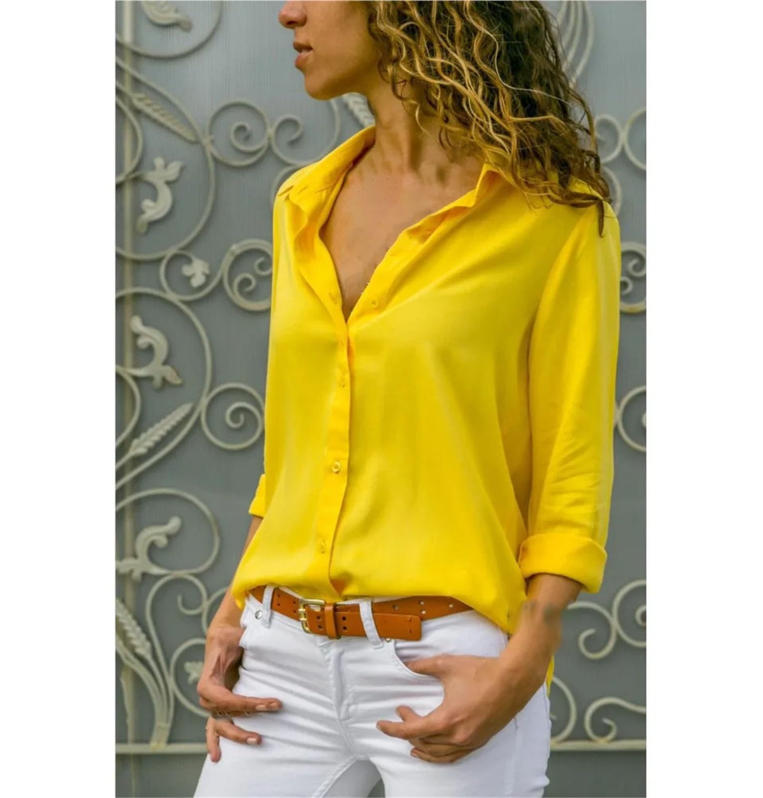 Camisa de primavera para mujer, informal, de manga larga, con botones, color liso, para oficina, color blanco