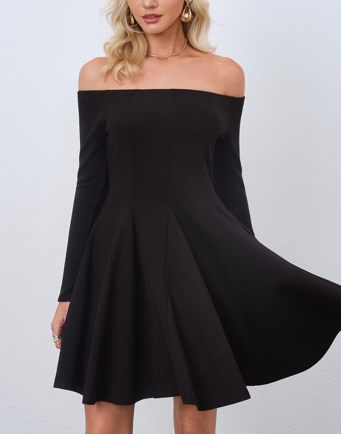 HYPERFIRE Women's Off The Shoulder Long Sleeve Short Dress A Line Pleated Mini Party Dresses - Image 4