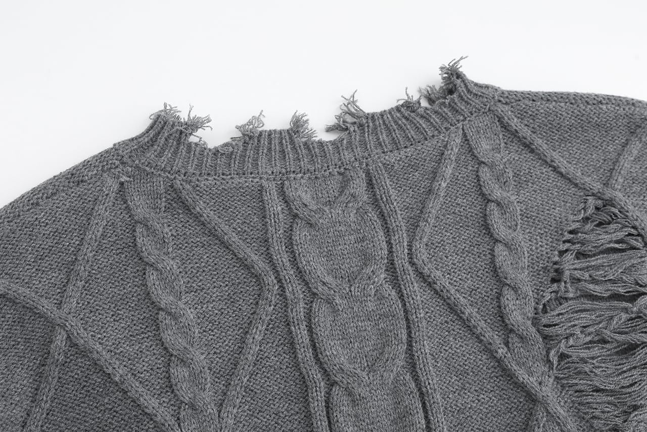 GABERLY Oversized Distressed Cable Knit Sweater Pullover with Frayed Edges Vintage Style Fall Winter Knitwear for Women - Image 5